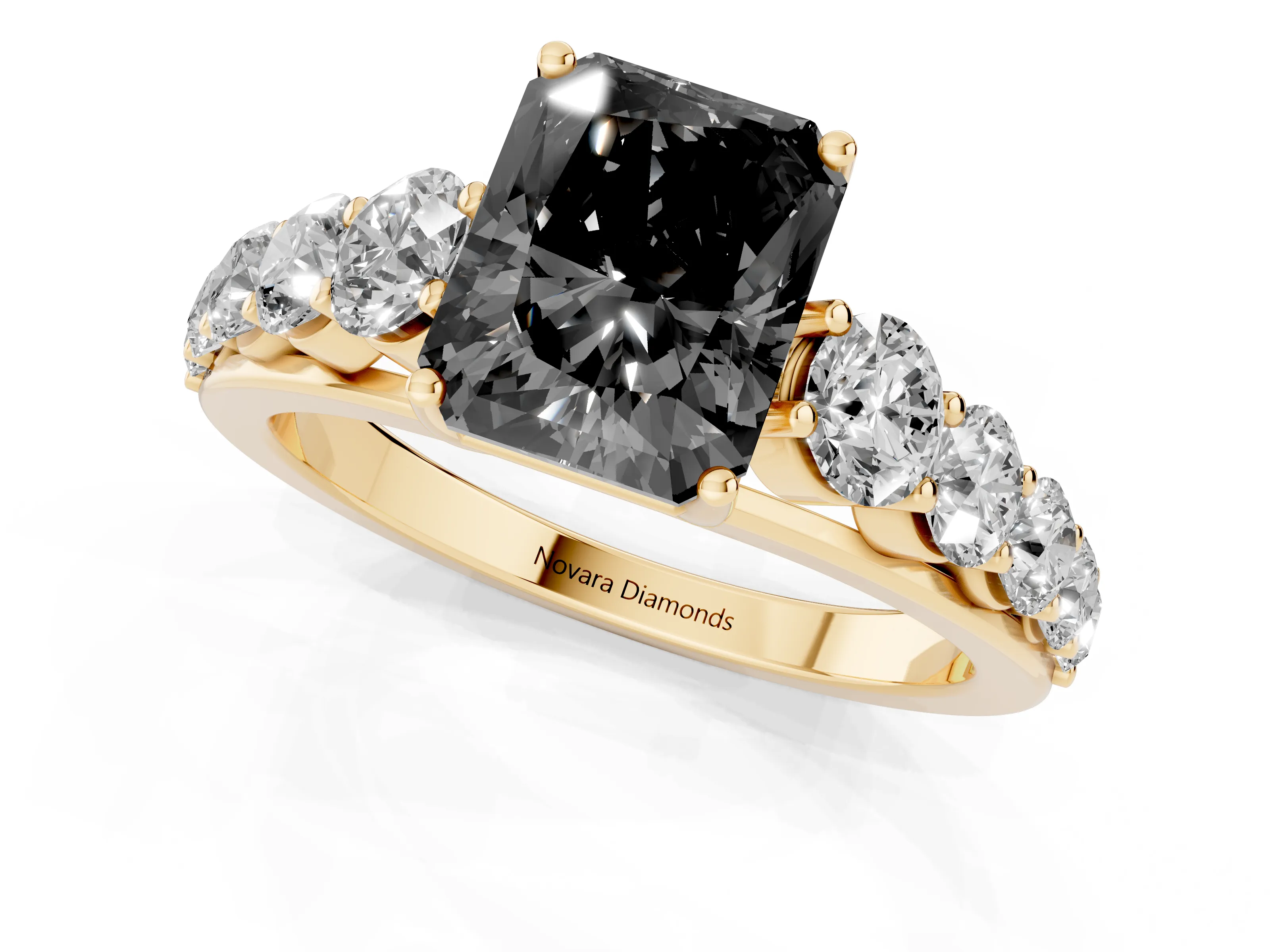 Fancy Black Radiant Cut Diamond Solitaire Ring Set in Yellow gold with Pavé-Set Band and Prong Setting