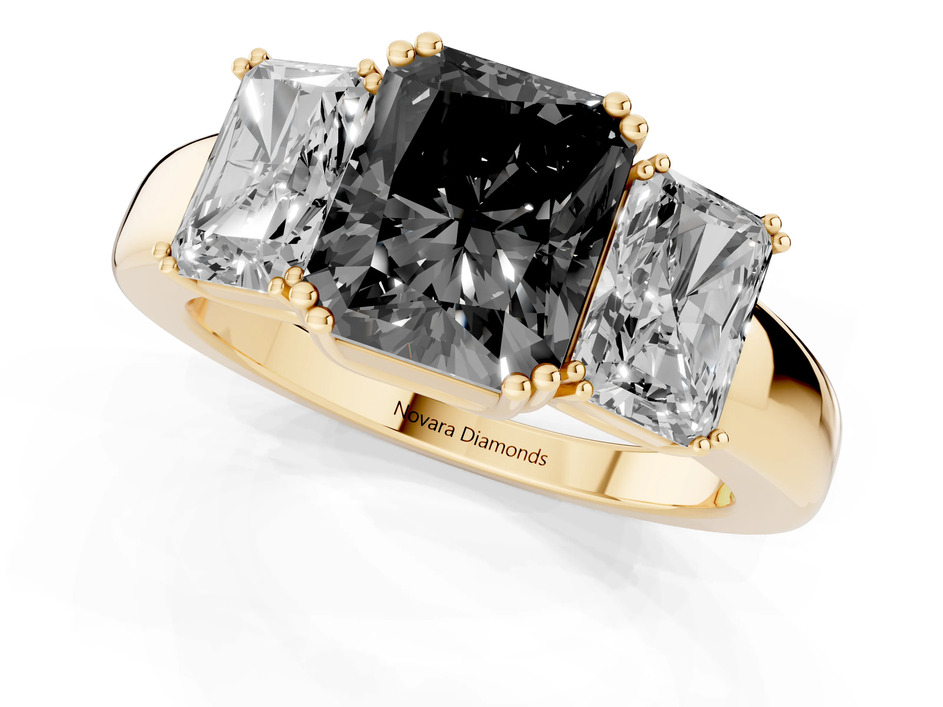 Fancy Black Radiant Cut Diamond Three-Stone Ring Set in Yellow gold with Polished Channel-Set Band