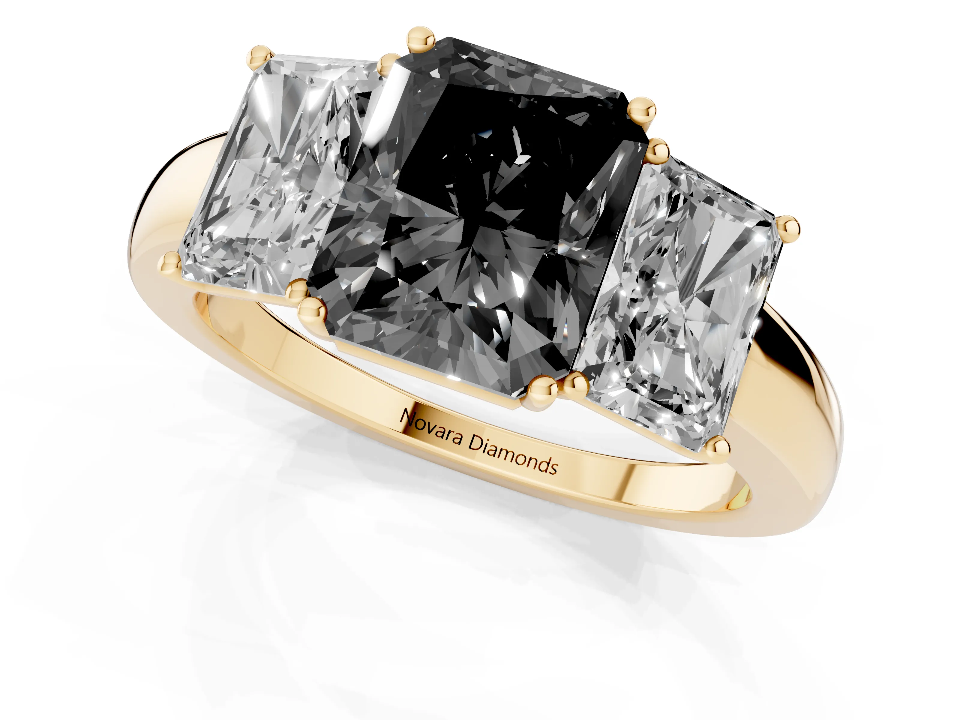 Fancy Black Radiant Cut Diamond Three-Stone Ring Set in Yellow gold with Bold Center and Classic Band