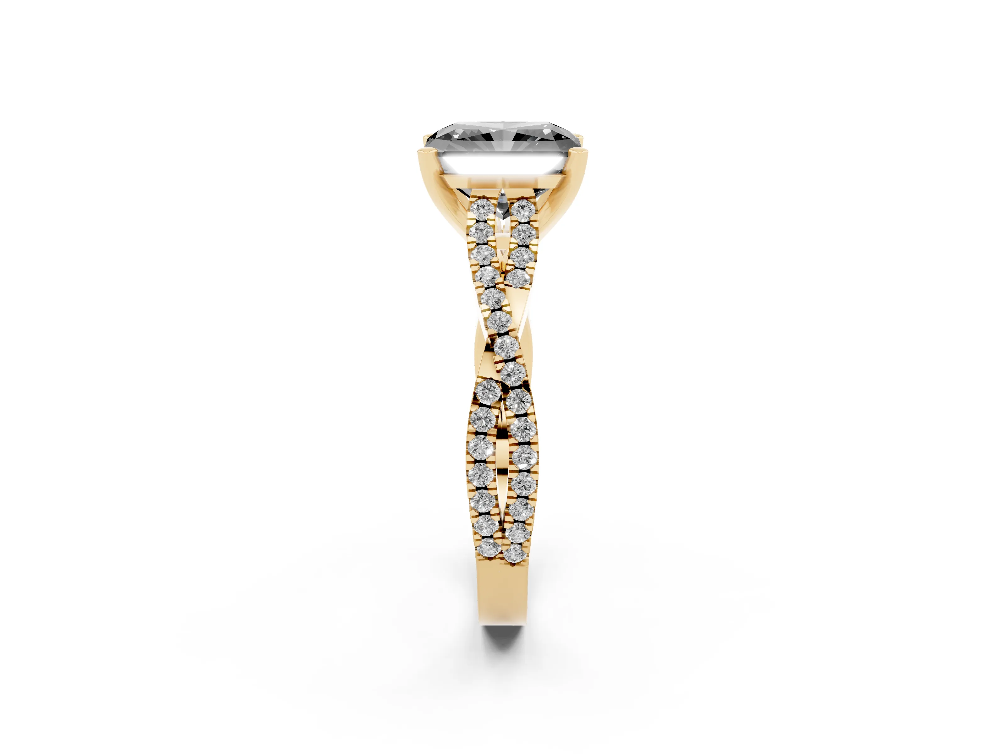 Fancy Black Radiant Cut Diamond Solitaire Engagement Ring Set in Yellow gold with Twisted Pavé Band and Prong Setting