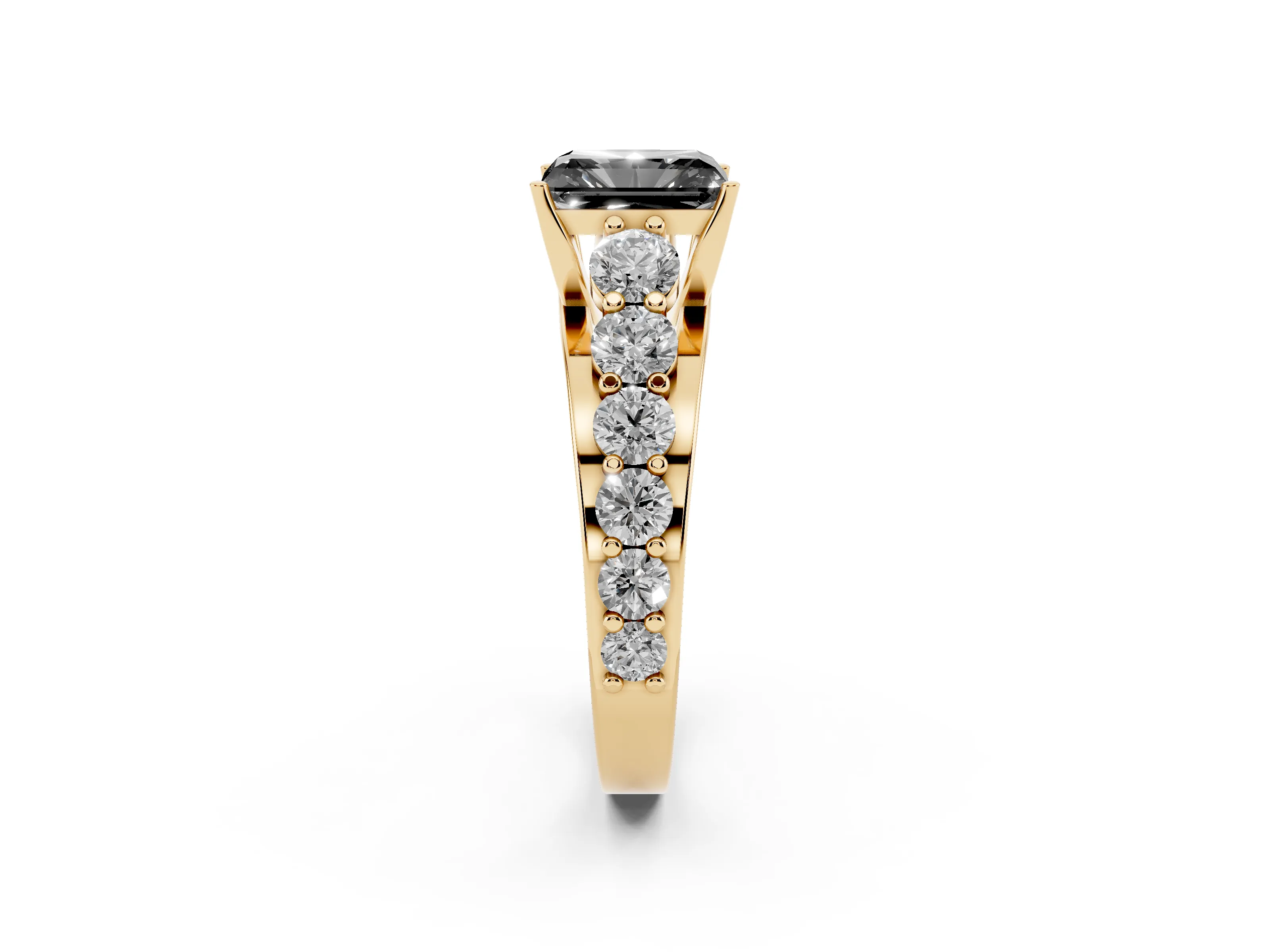Fancy Black Radiant Cut Diamond Pavé Engagement Ring Set in Yellow gold with Prong Setting