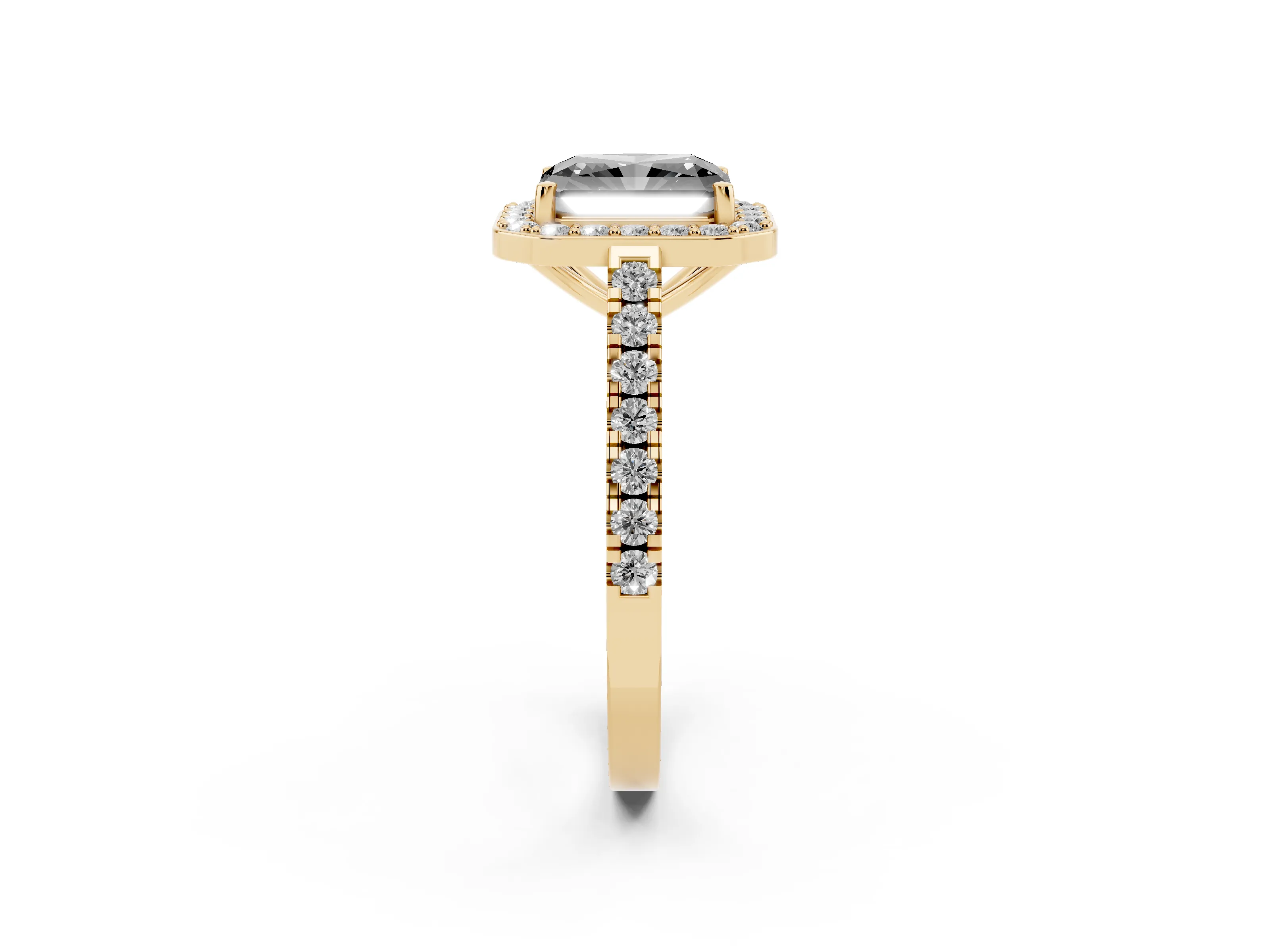 Fancy Black Radiant Cut Diamond Halo Ring Set in Yellow gold with Round Pavé Split Shank and Prong Setting