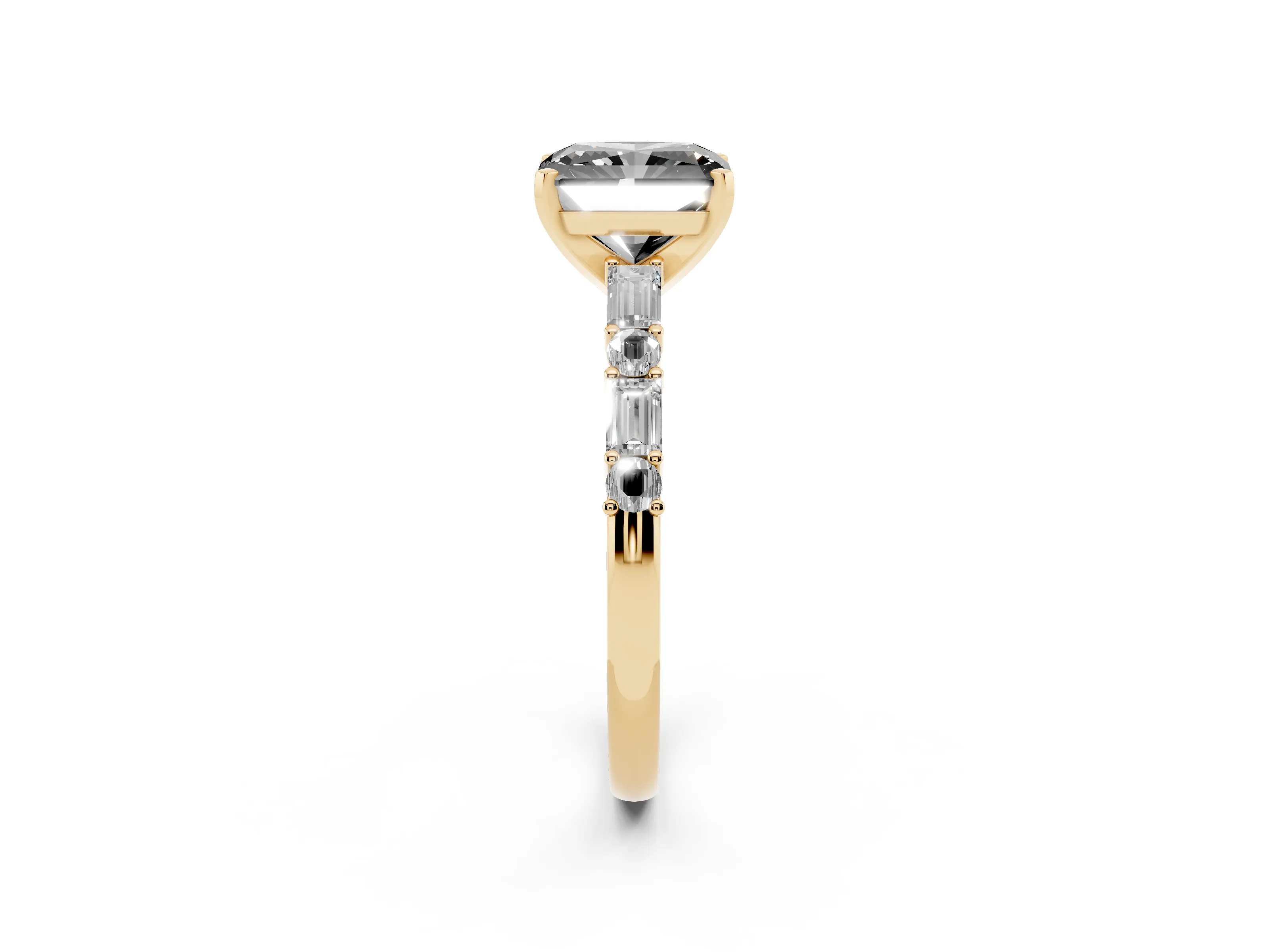 Fancy Black Radiant Cut Diamond Solitaire Set in Yellow gold with Side Baguettes and Channel Set Band