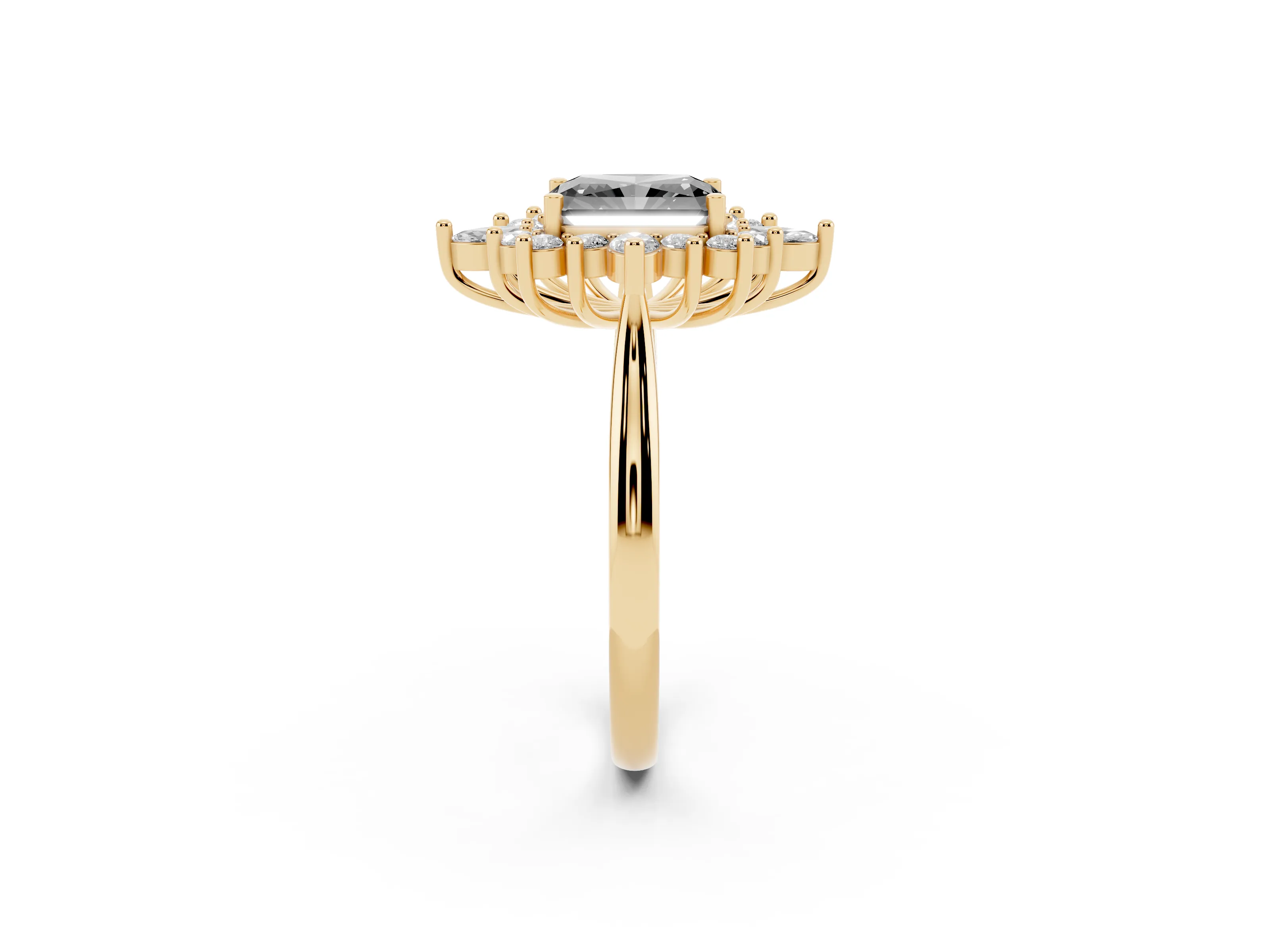 Fancy Black Radiant Cut Diamond Cluster Halo Ring Set in Yellow gold with Marquise and Round Accents