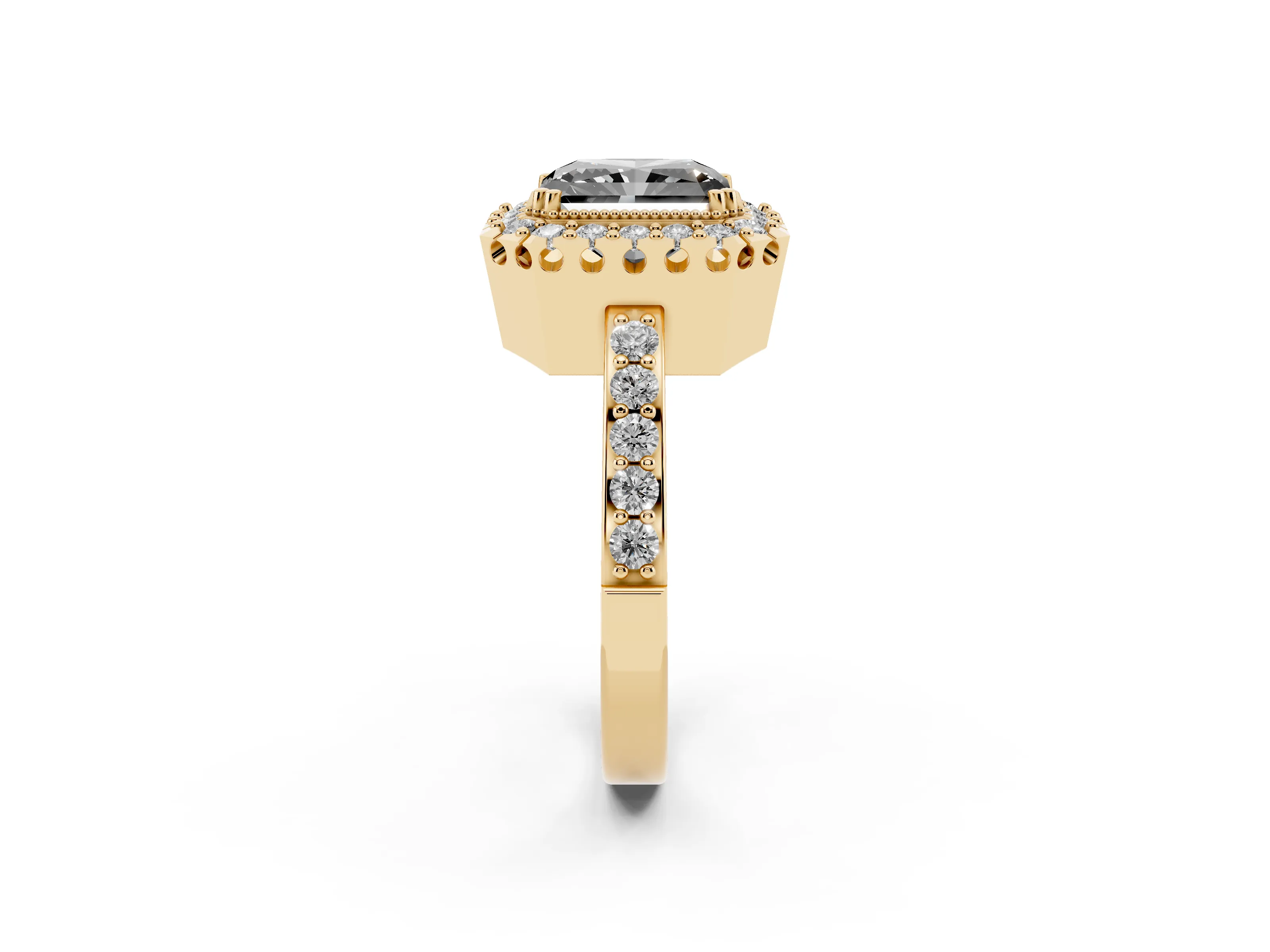 Fancy Black Radiant Cut Diamond Halo Ring Set in Yellow gold with Pavé Shank and Prong Setting