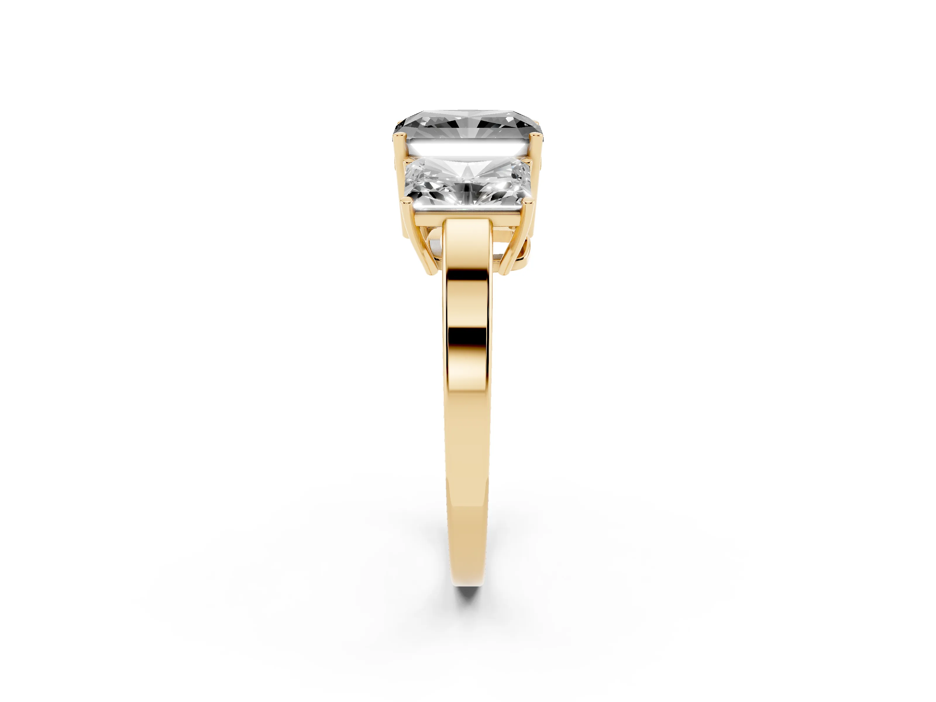 Fancy Black Radiant Cut Diamond Three-Stone Engagement Ring Set in Yellow gold with Flat Band