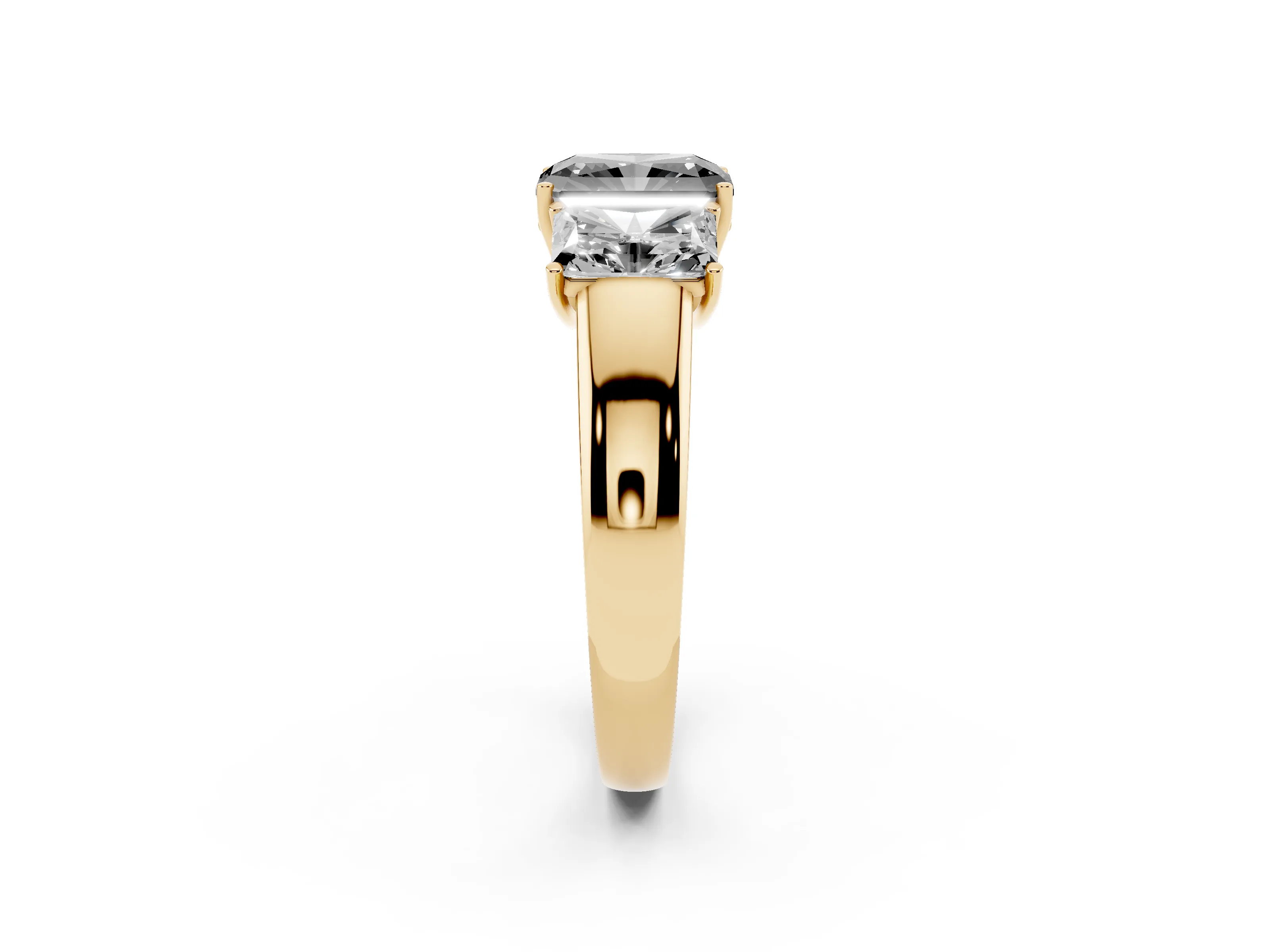 Fancy Black Three-Stone Radiant Cut Diamond Ring Set in Yellow gold with Matching Prong Settings and Plain Band