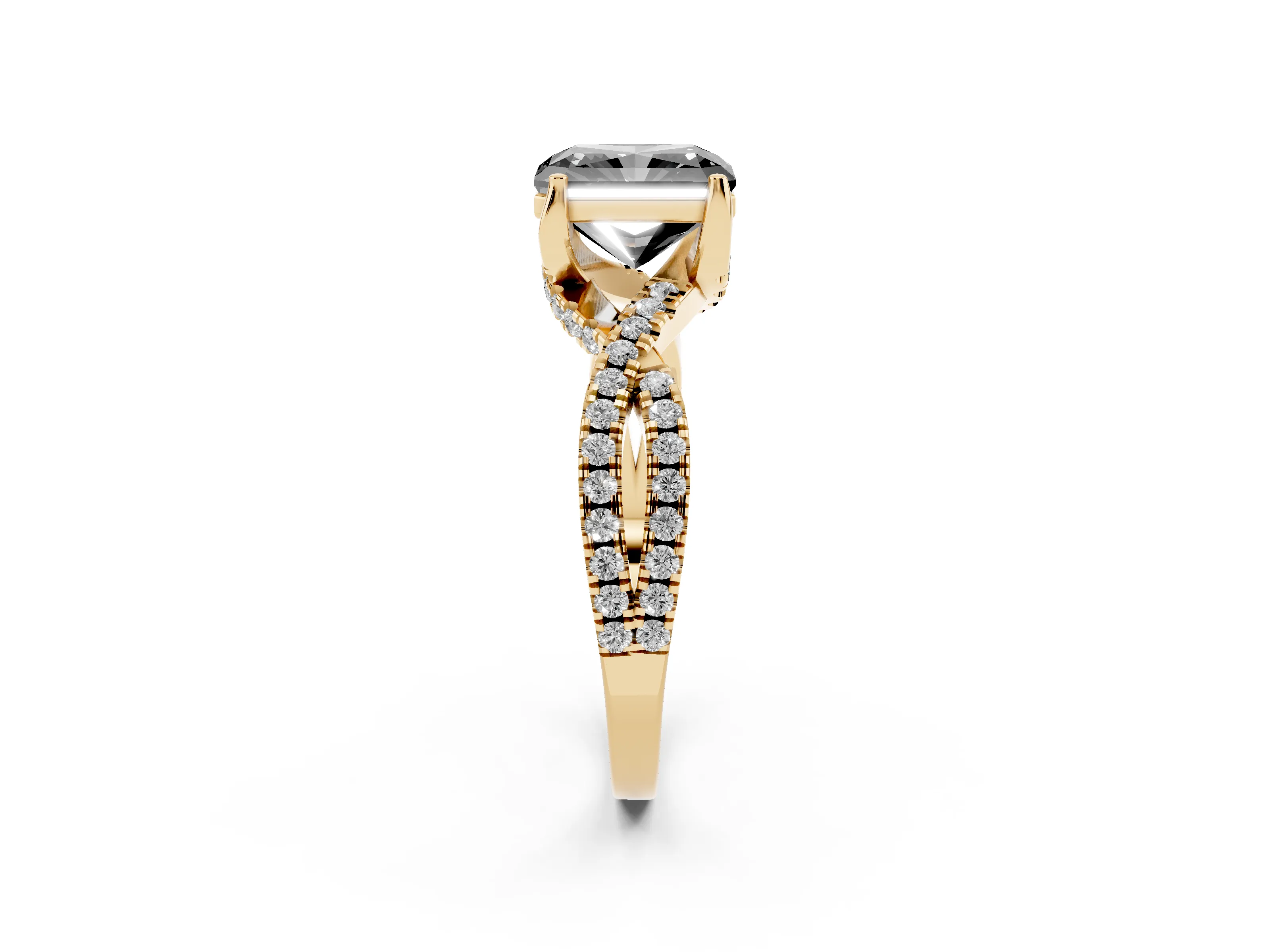 Fancy Black Radiant Cut Diamond Twist Pavé Solitaire Engagement Ring Set in Yellow gold with Prong Setting