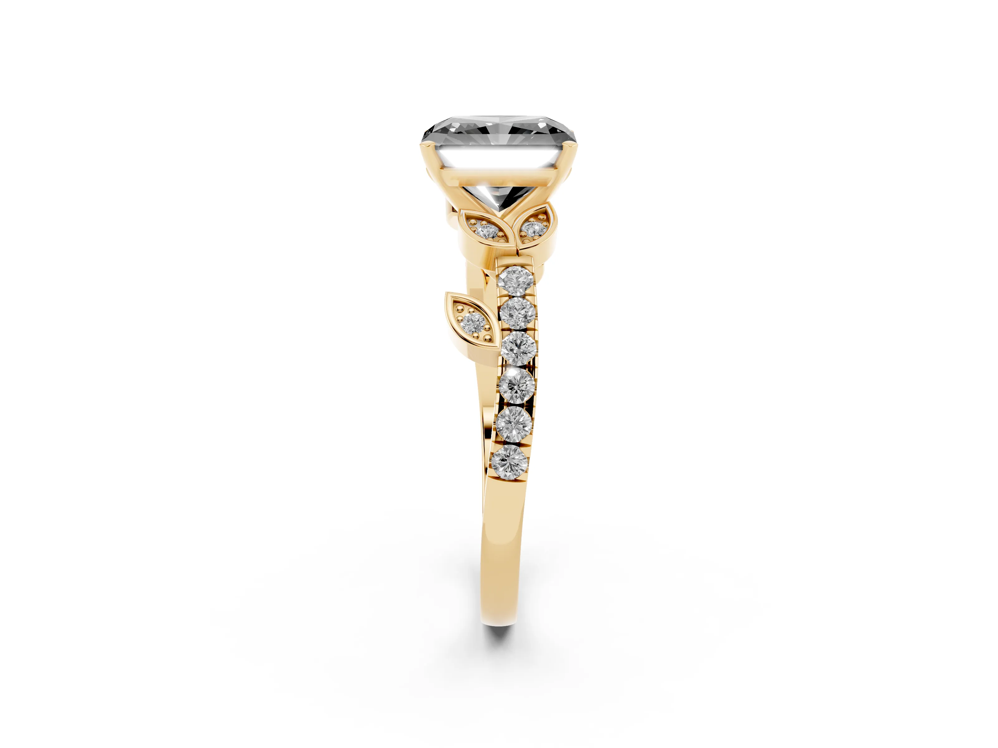Fancy Black Radiant Cut Diamond Solitaire Leaf-Inspired Ring Set in Yellow gold with Pavé Band and Prong Setting