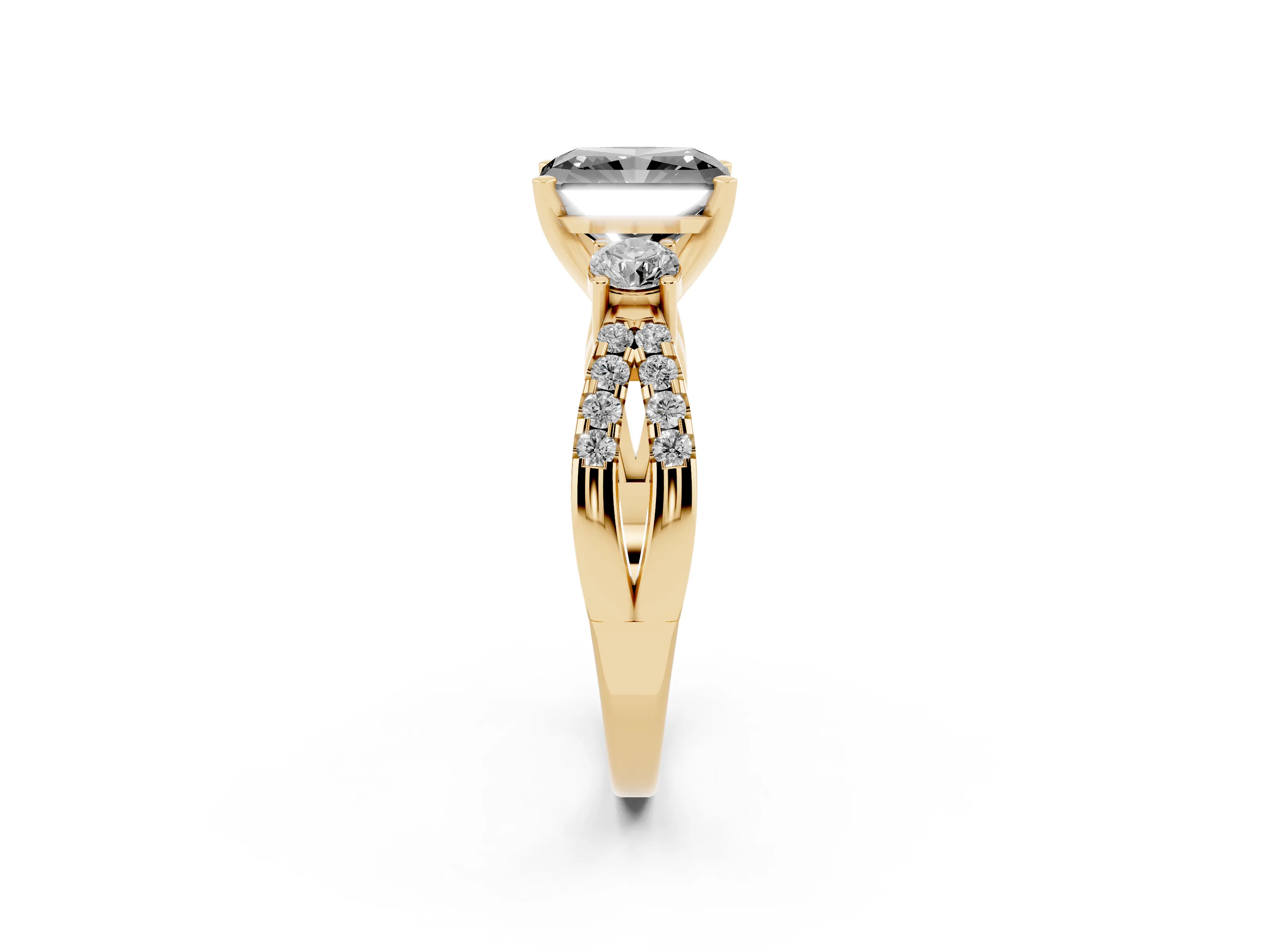 Fancy Black Radiant Cut Diamond Three-Stone Ring Set in Yellow gold with Pavé Split Shank and Prong Setting