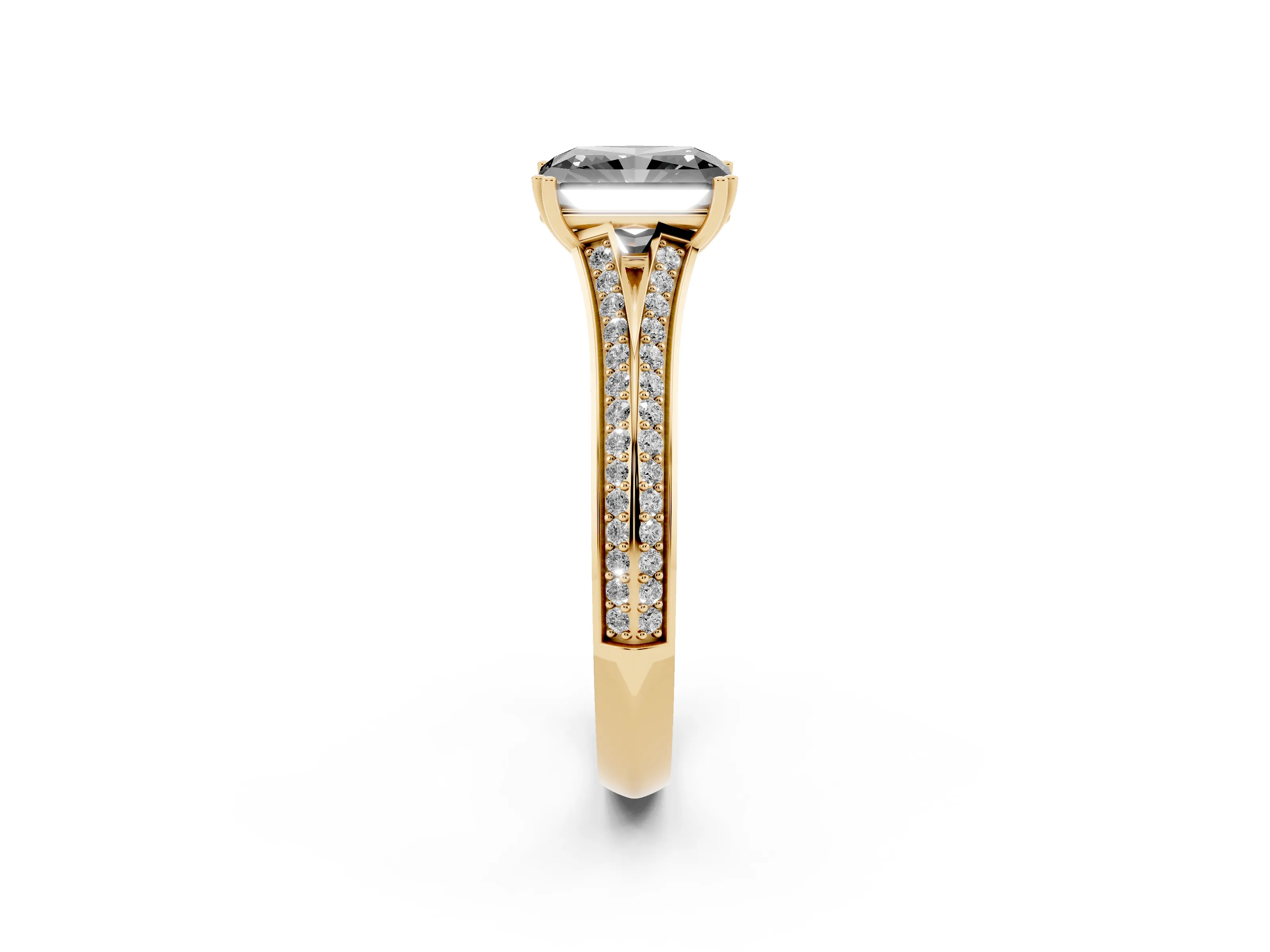 Fancy Black Radiant Cut Diamond Split Shank Pavé Engagement Ring Set in Yellow gold with Prong-Set Center Stone