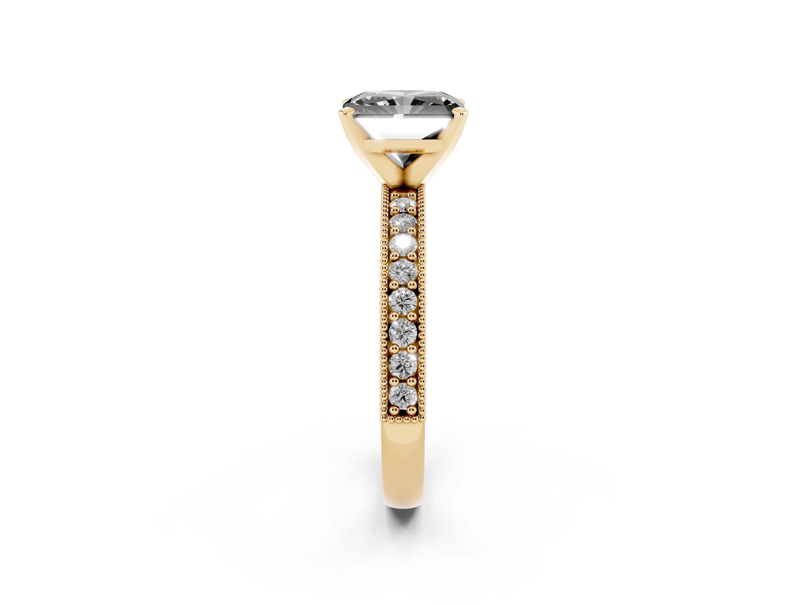 Fancy Black Radiant Cut Diamond Milgrain Pavé Engagement Ring Set in Yellow gold with Prong Setting