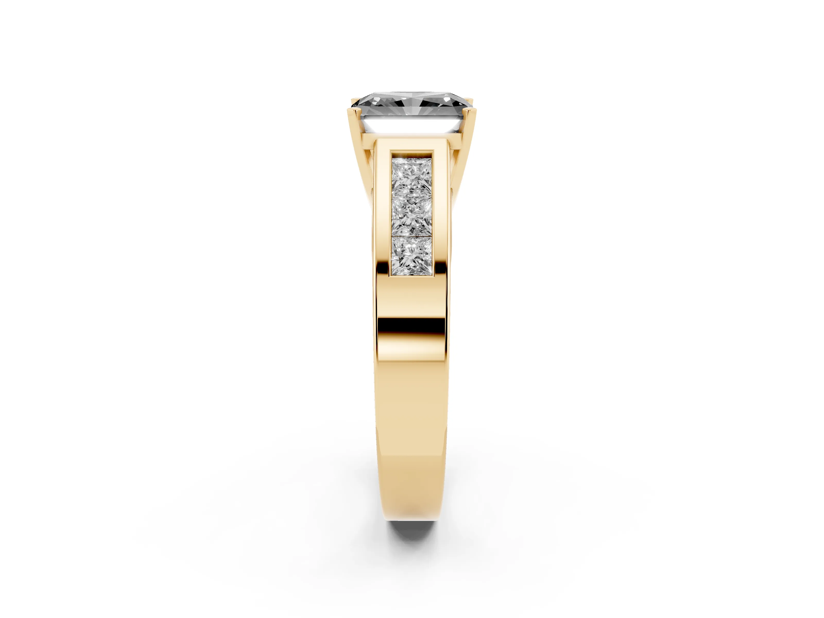 Fancy Black Radiant Cut Diamond Solitaire Ring Set in Yellow gold with Channel-Set Accent Stones and Prong Setting