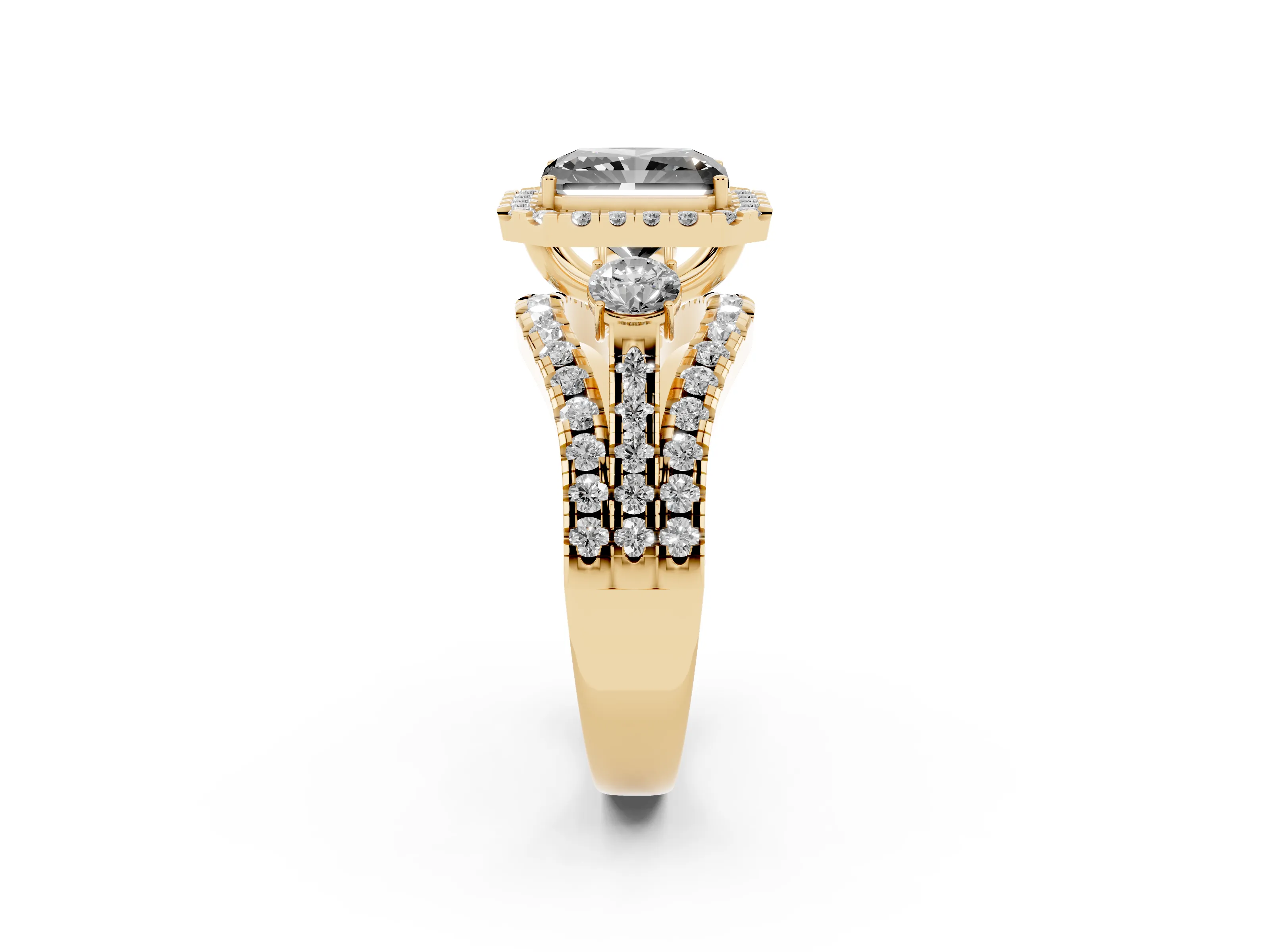 Fancy Black Radiant Cut Diamond Halo Split Shank Ring Set in Yellow gold with Round Accent Stones and Prong Setting