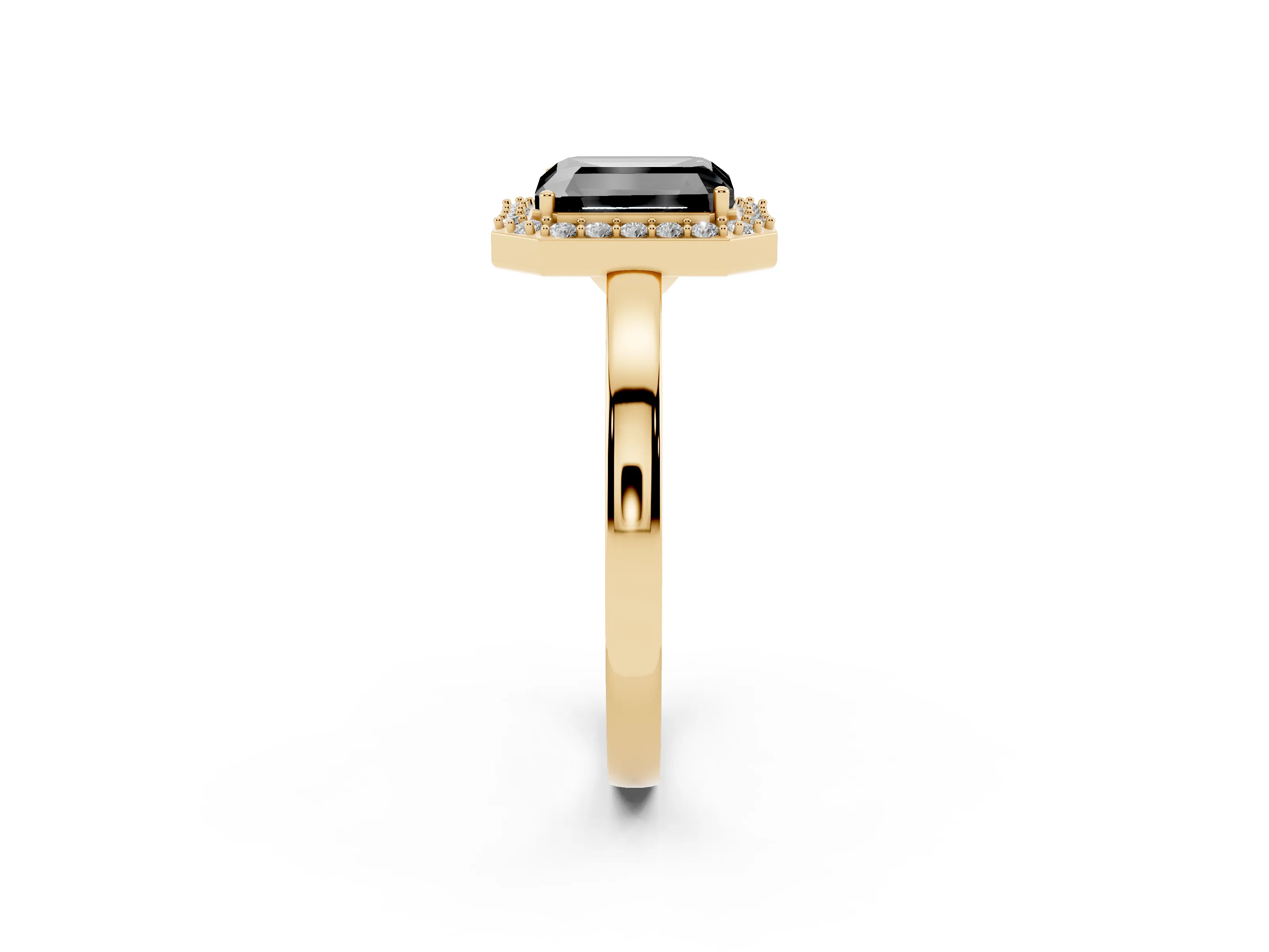 Fancy Black Radiant Cut Diamond Halo Ring Set in Yellow gold with Solitaire Band and Prong Setting