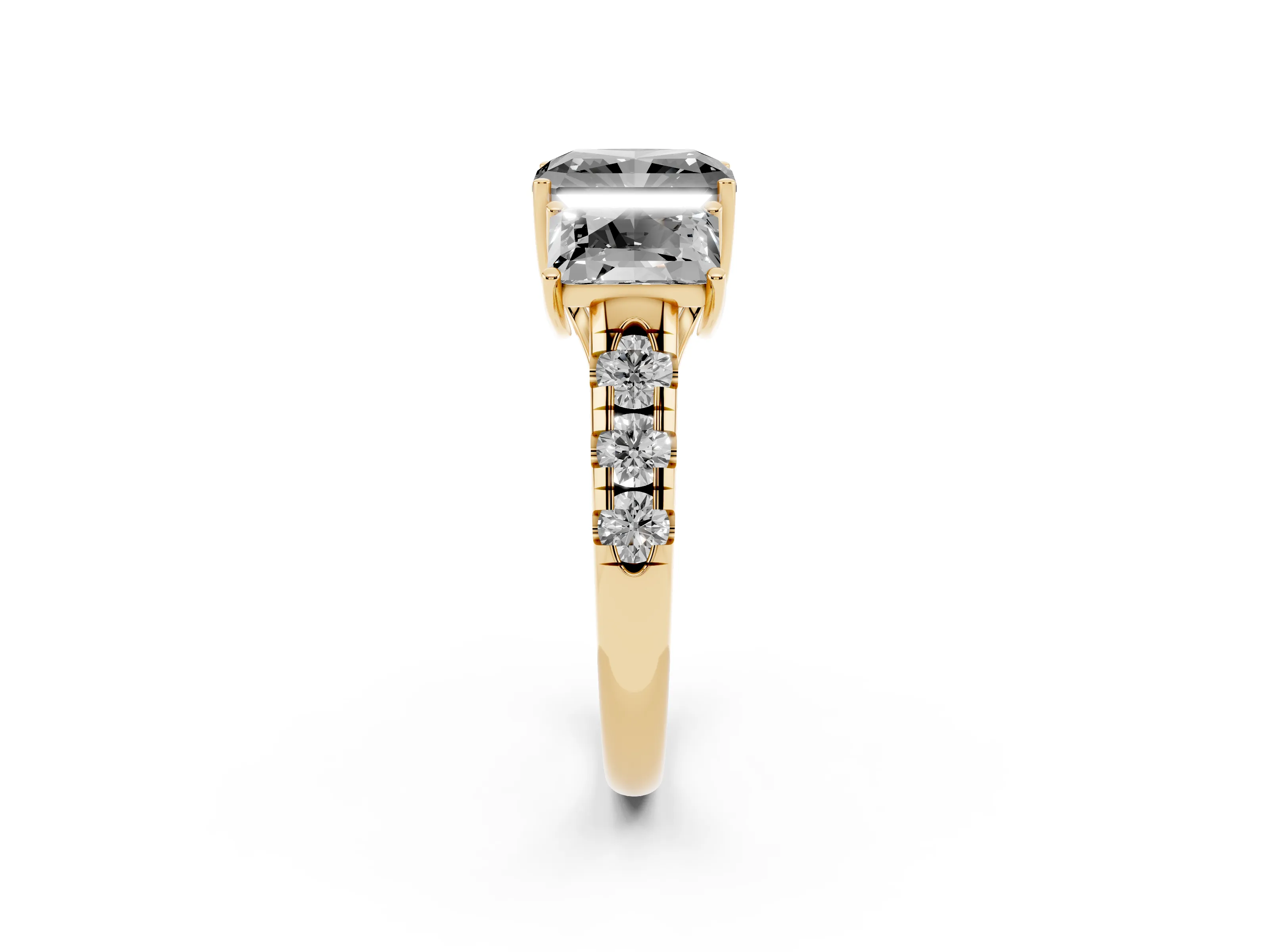 Fancy Black Radiant Cut Diamond Three-Stone Ring Set in Yellow gold with Pavé Band