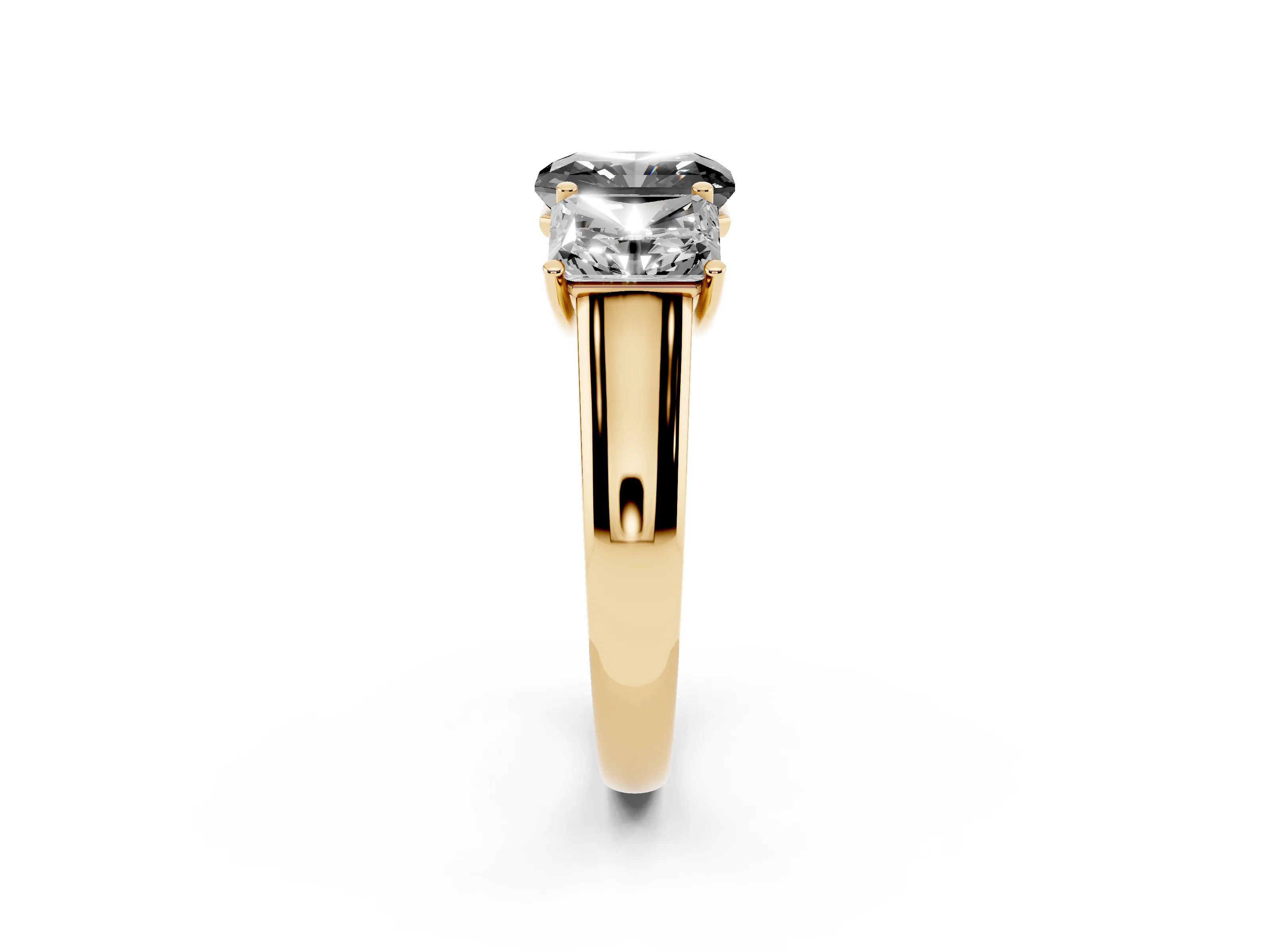 Fancy Black Radiant Cut Diamond Three-Stone Ring Set in Yellow gold with Plain Polished Band