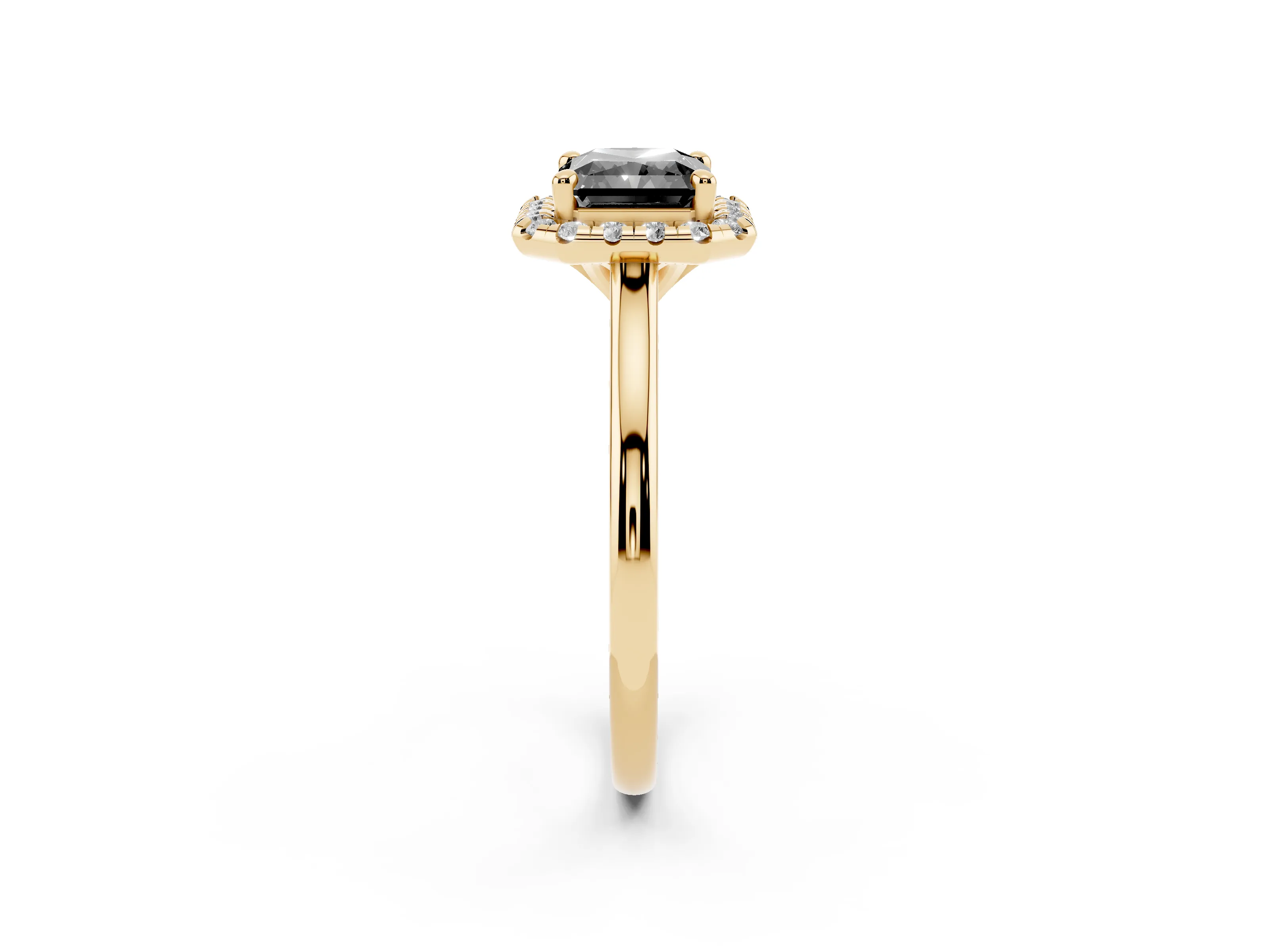 Fancy Black Radiant Cut Diamond Halo Engagement Ring Set in Yellow gold with Pavé Band and Rising Shoulders