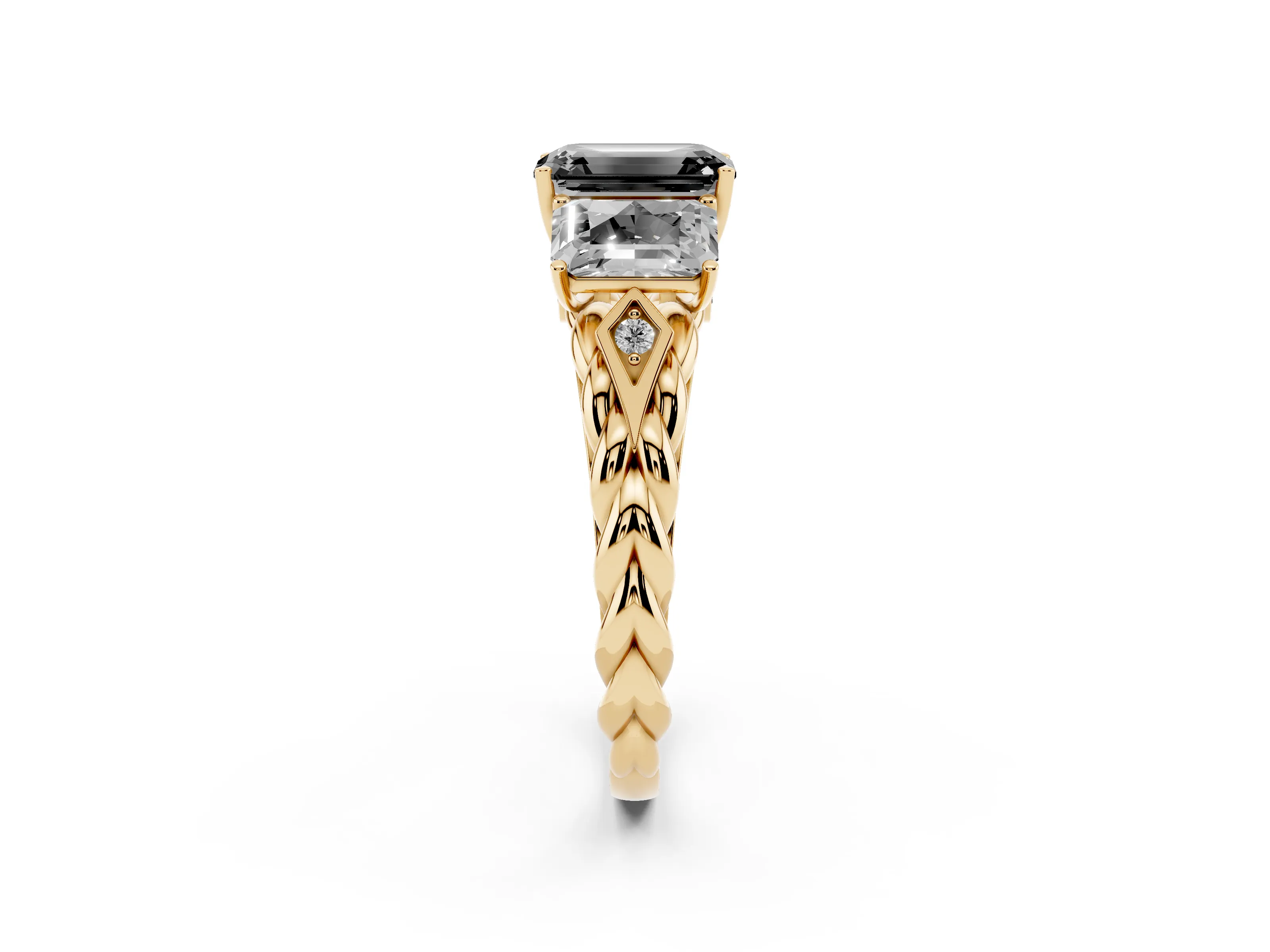 Fancy Black Radiant Cut Diamond Three-Stone Ring Set in Yellow gold with Braided Band