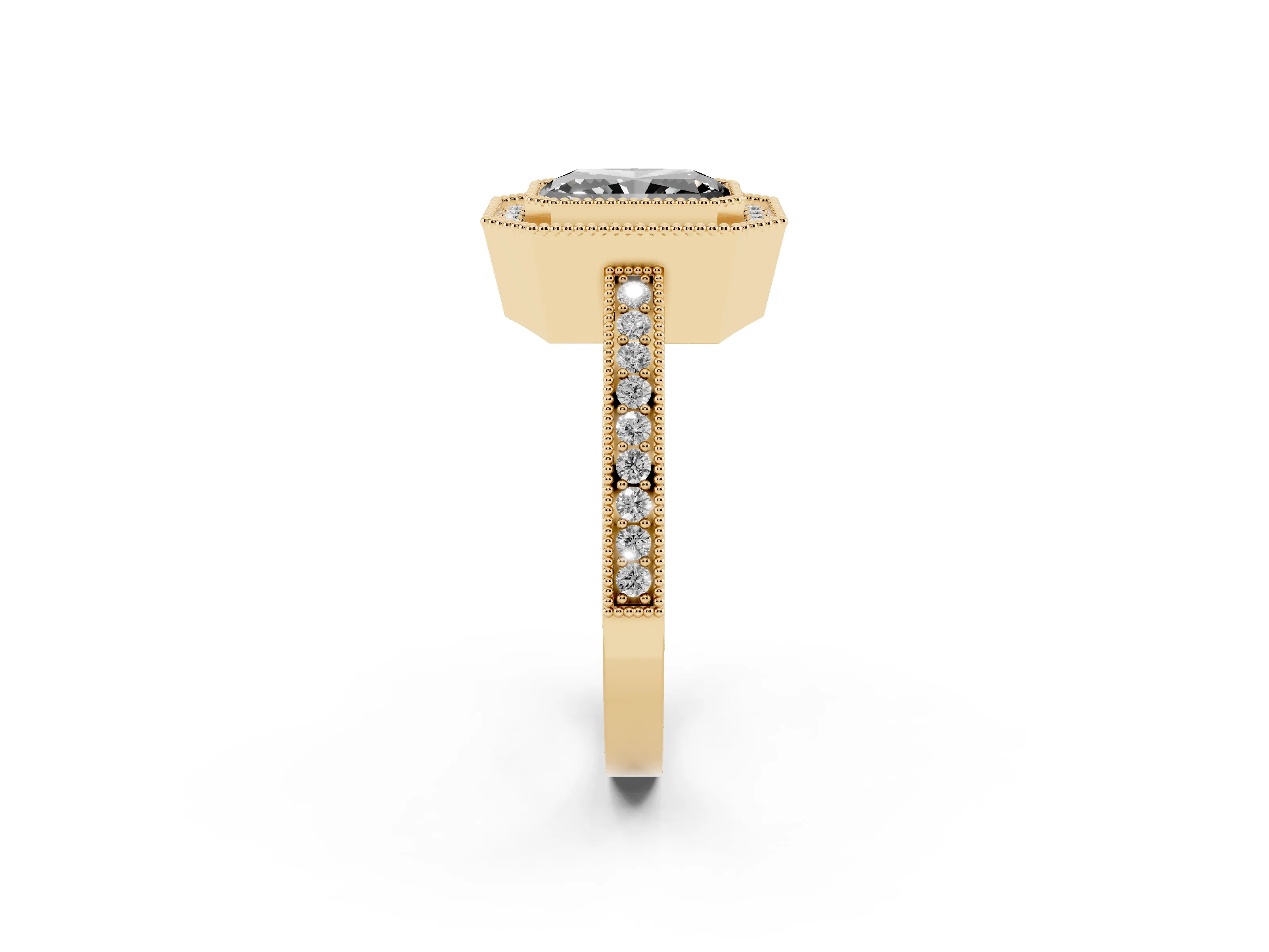 Fancy Black Radiant Cut Diamond Round Halo Ring Set in Yellow gold with Pavé Band