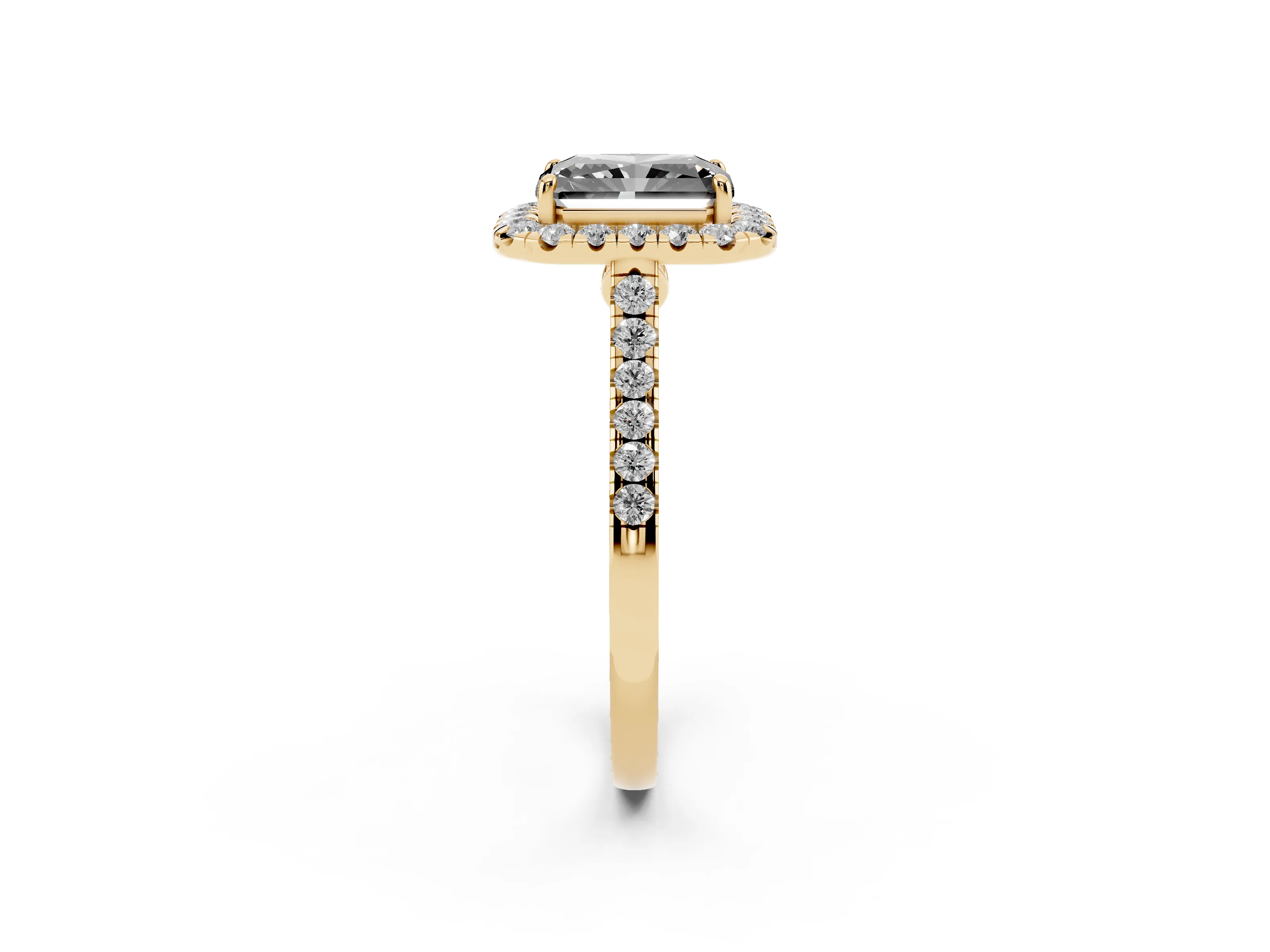 Fancy Black Radiant Cut Diamond Halo Pavé Engagement Ring Set in Yellow gold with Prong Setting
