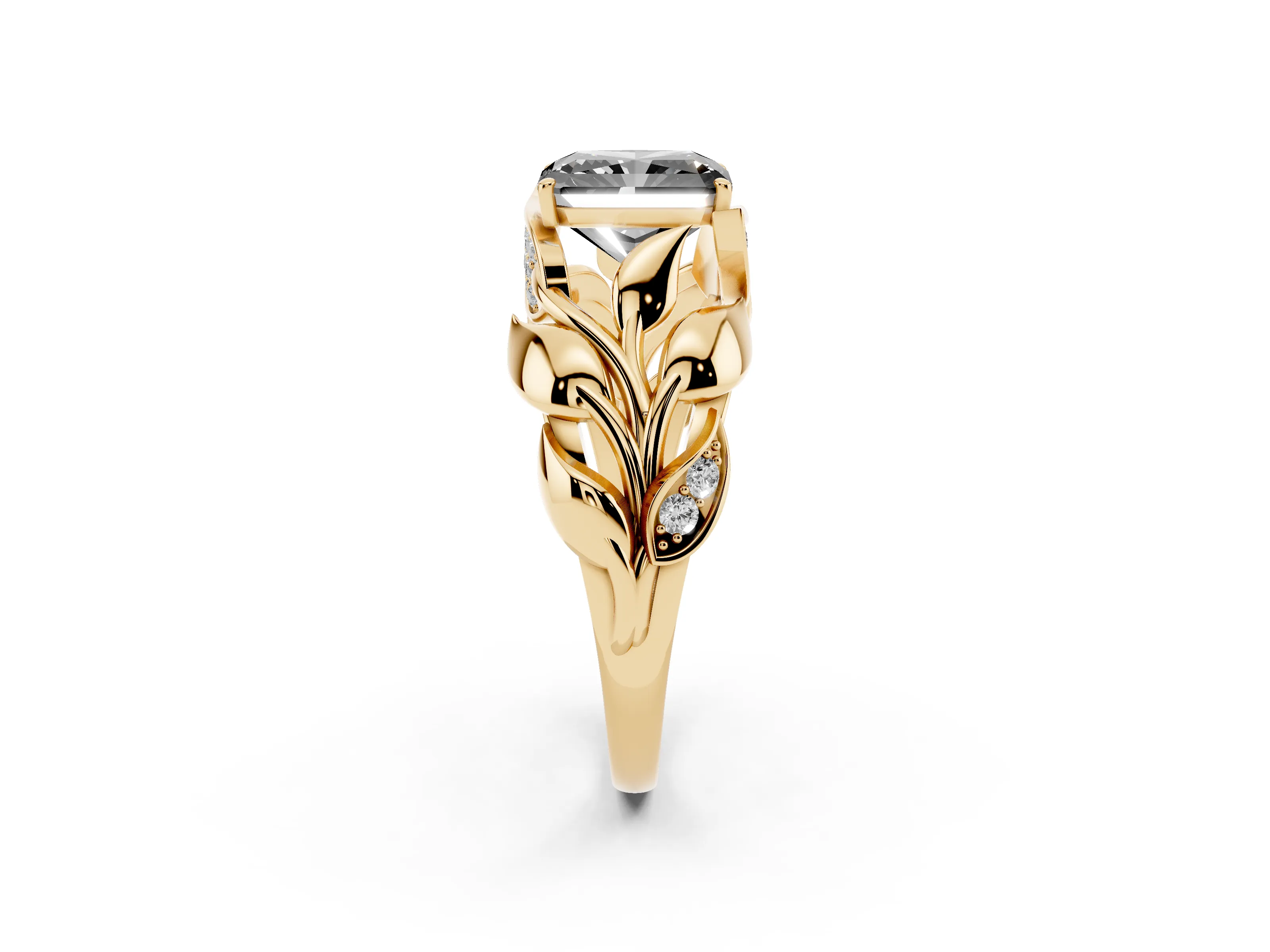 Fancy Black Radiant Cut Diamond Leaf-Inspired Engagement Ring Set in Yellow gold with Round Accents