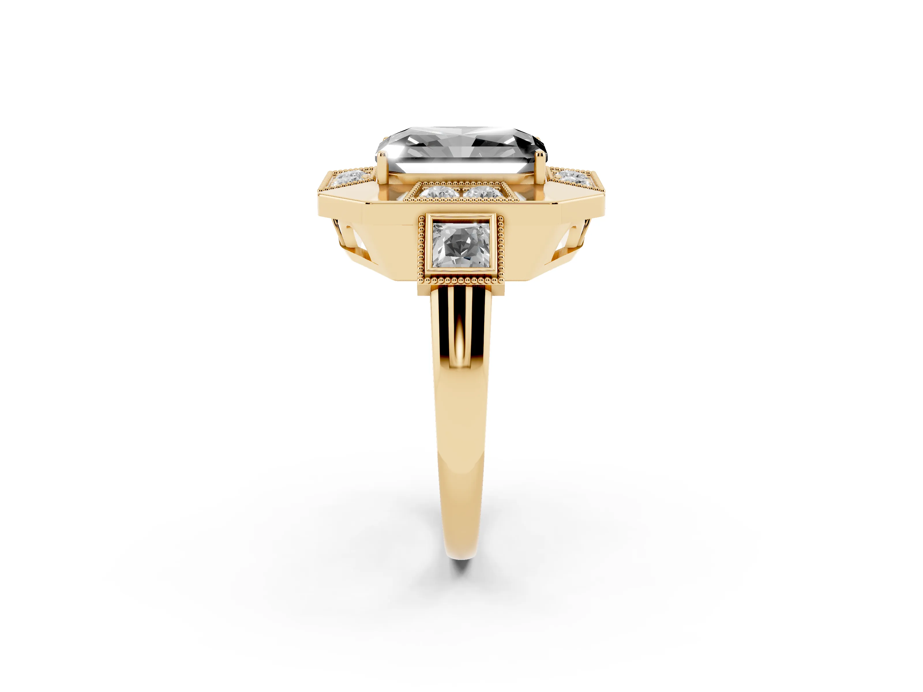 Fancy Black Radiant Cut Diamond Milgrain Halo Ring Set in Yellow gold with Split Shank