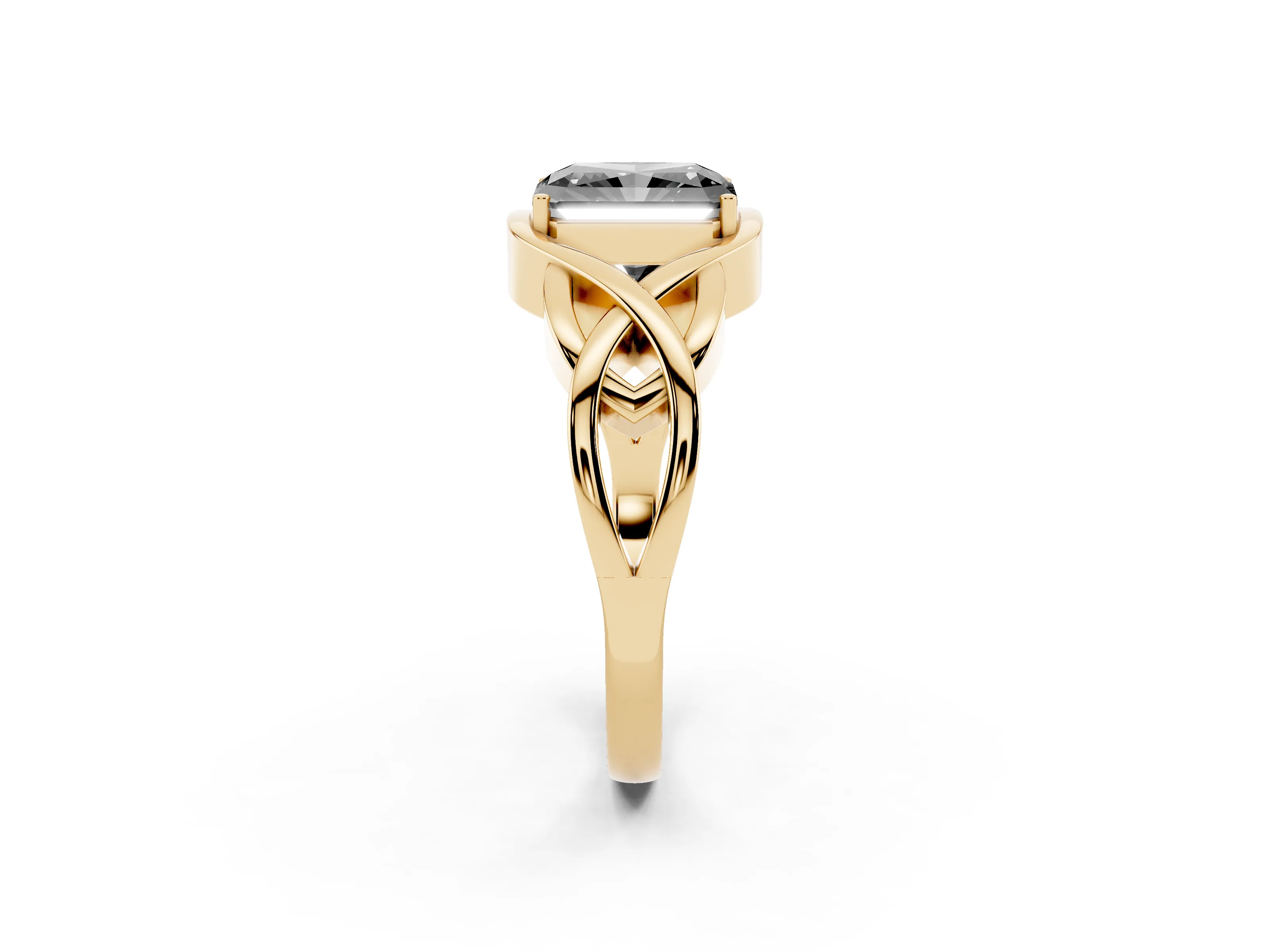 Fancy Black Radiant Cut Diamond Solitaire Ring Set in Yellow gold with Intertwined Band