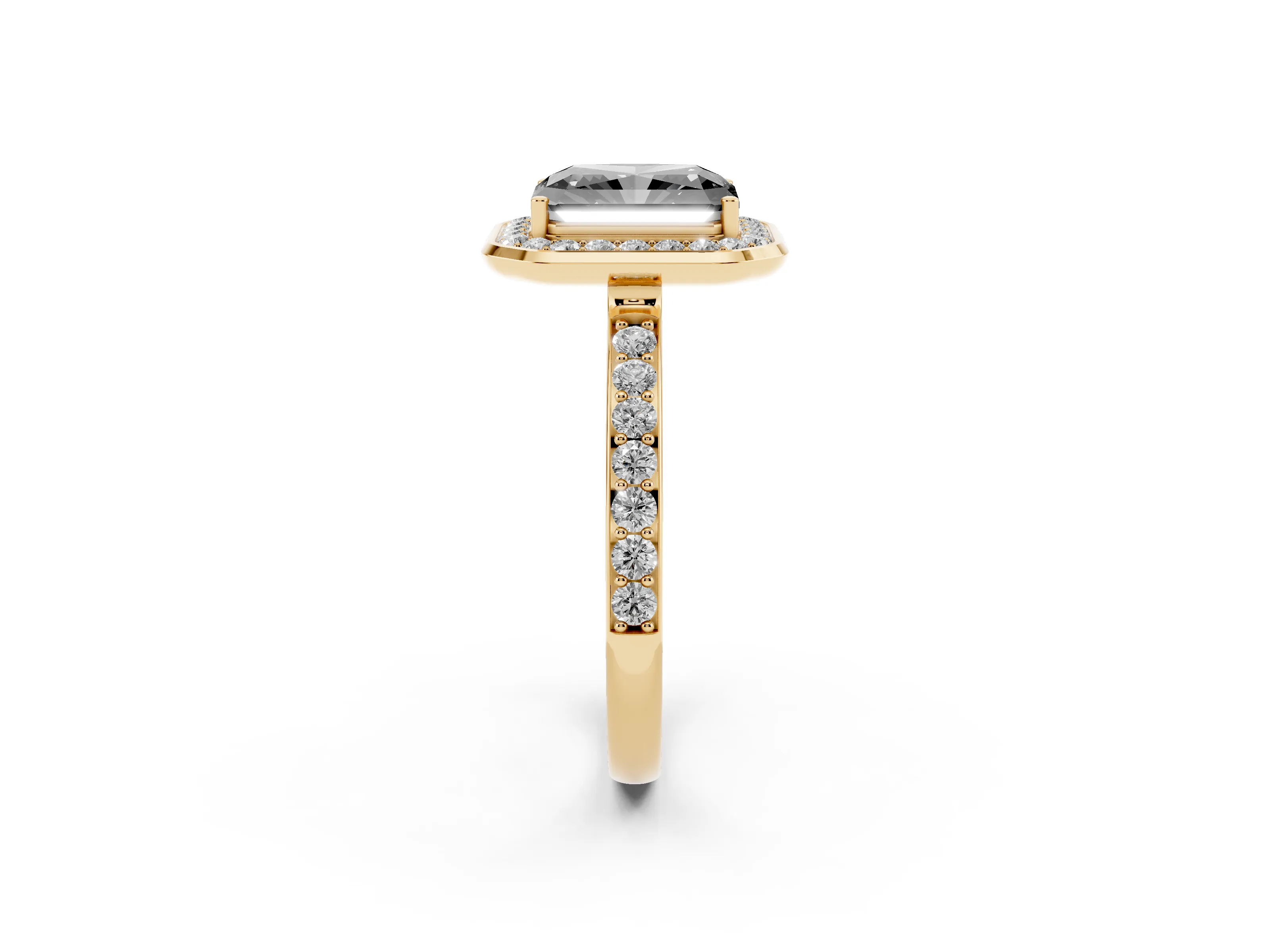 Fancy Black Radiant Cut Diamond Halo Ring Set in Yellow gold with Bezel Frame and Pavé Band