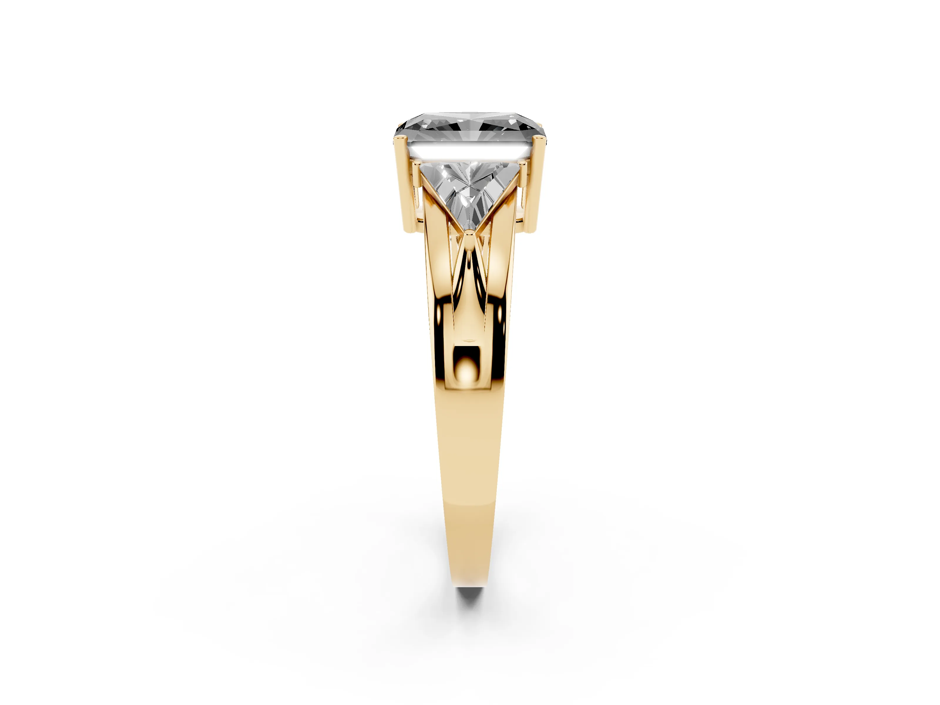 Fancy Black Radiant Cut Diamond Three-Stone Ring Set in Yellow gold with Trillion Side Stones and Split Shank