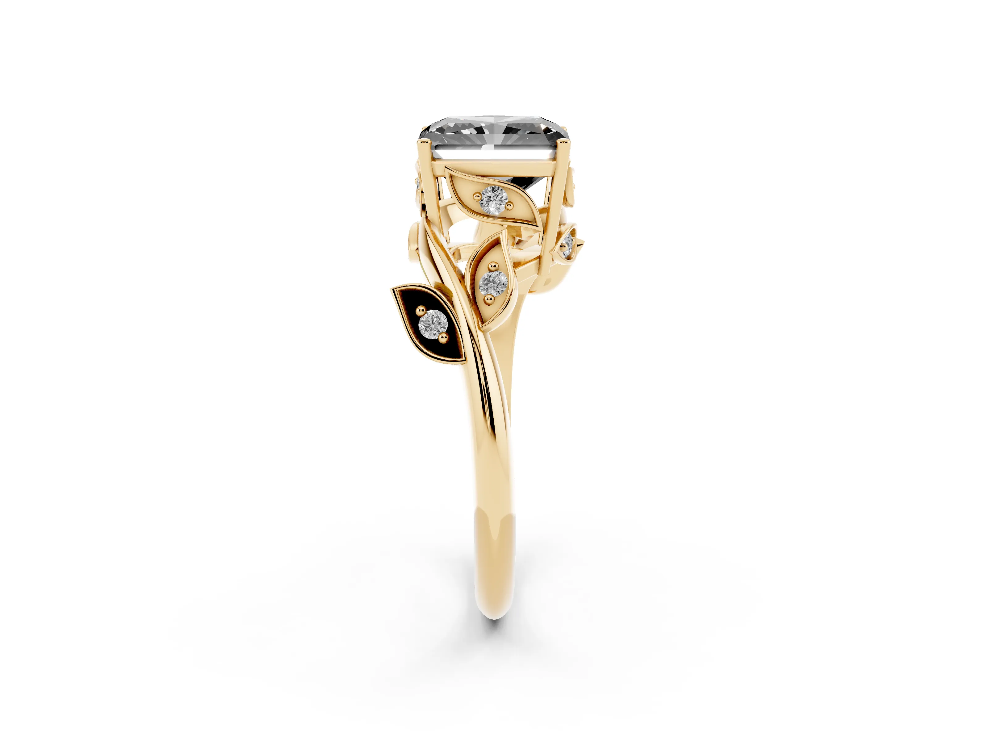 Fancy Black Radiant Cut Diamond Solitaire Twist Engagement Ring Set in Yellow gold with Pavé Leaf Accents
