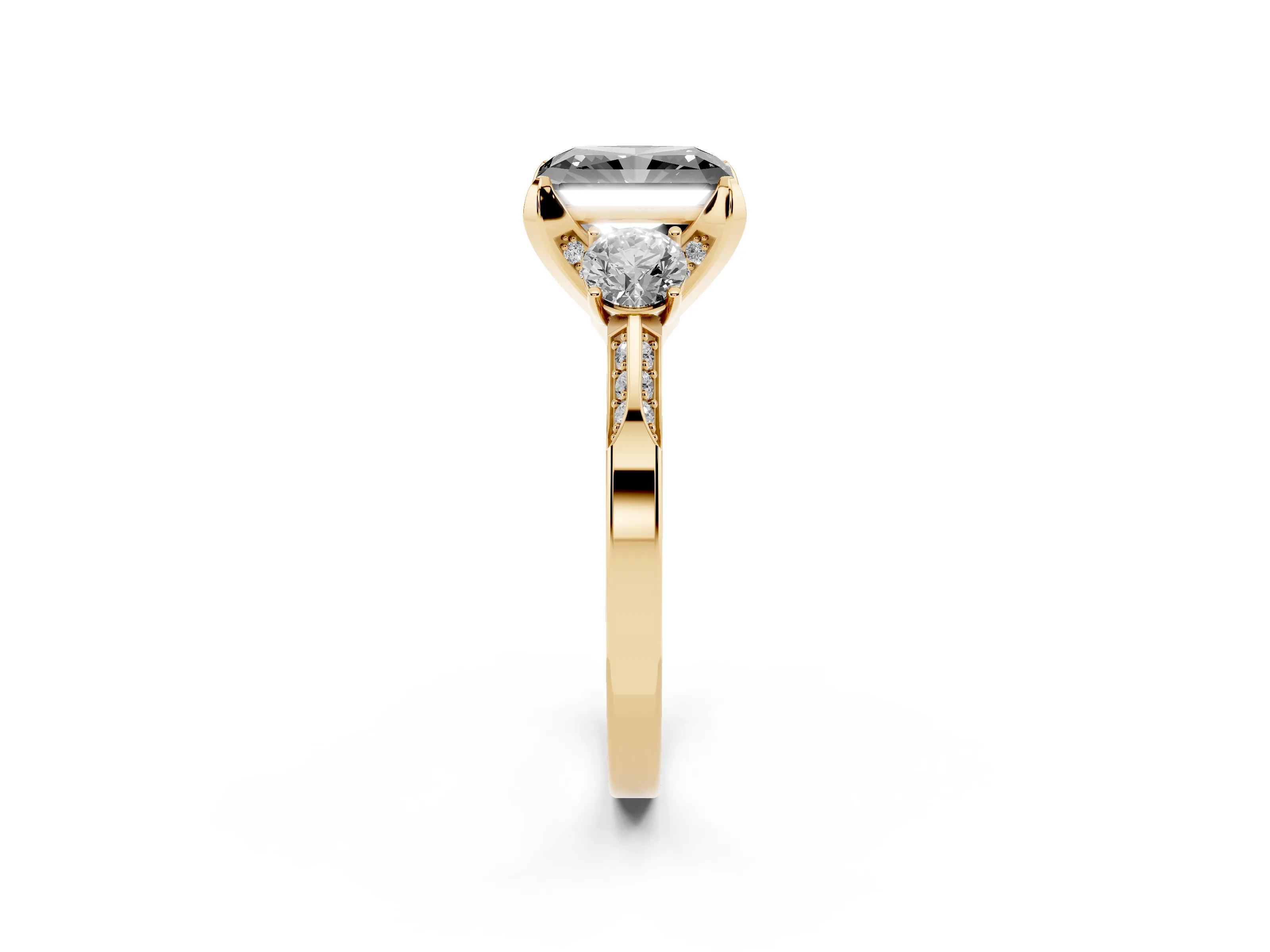 Fancy Black Radiant Cut Diamond Three-Stone Ring Set in Yellow gold with Pavé Band and Smaller Side Stones