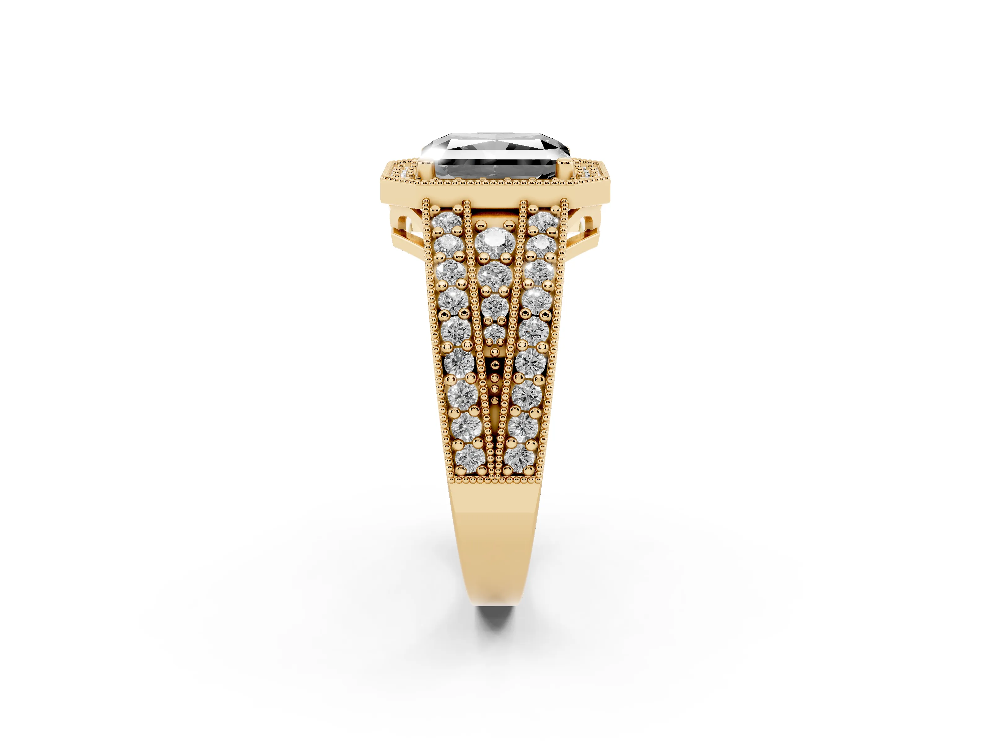 Fancy Black Radiant Cut Diamond Halo Ring Set in Yellow gold with Accent Split Shank and Prong Setting