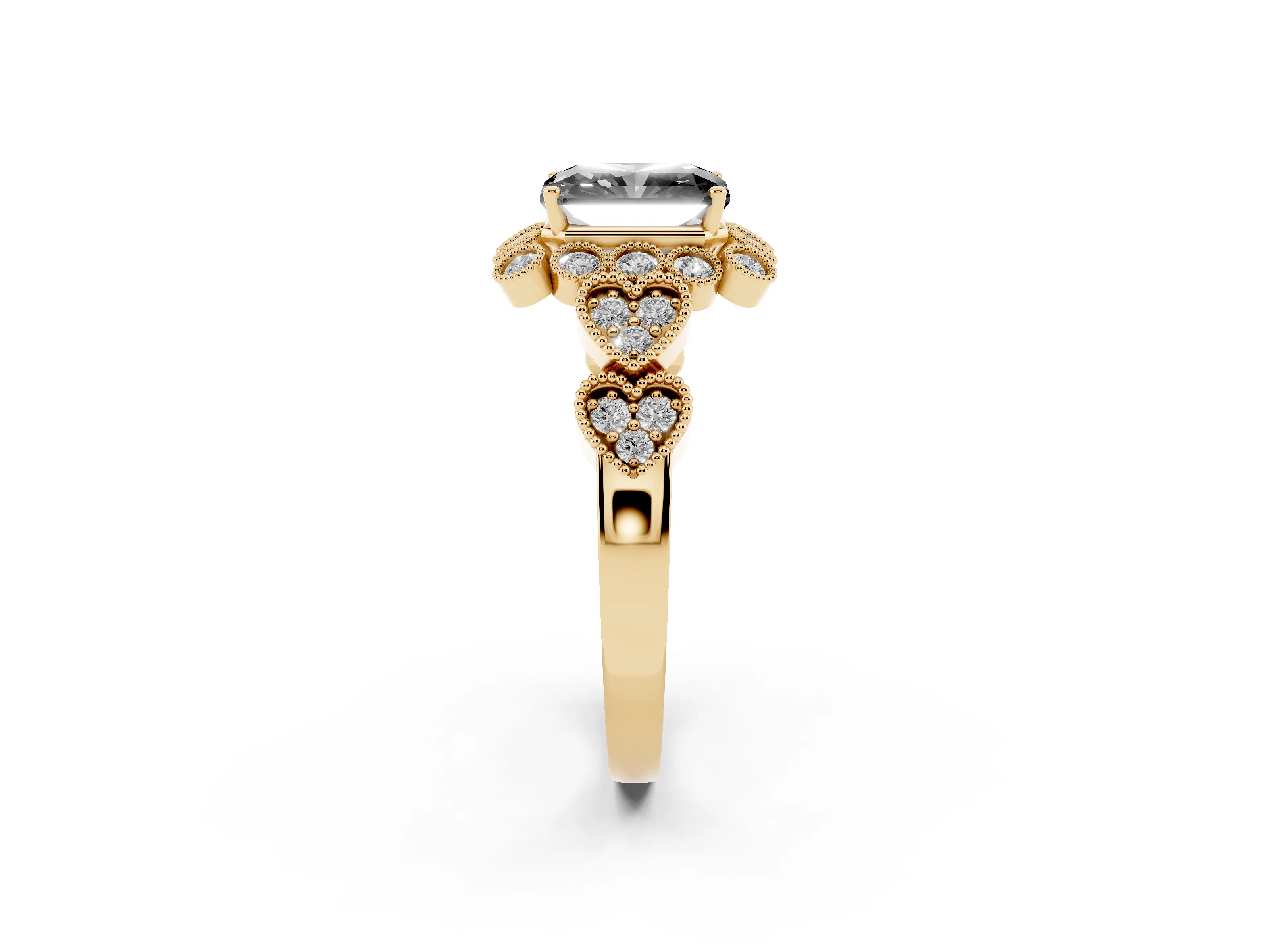 Fancy Black Radiant Cut Diamond Solitaire Ring Set in Yellow gold with Milgrain Pavé Heart Band