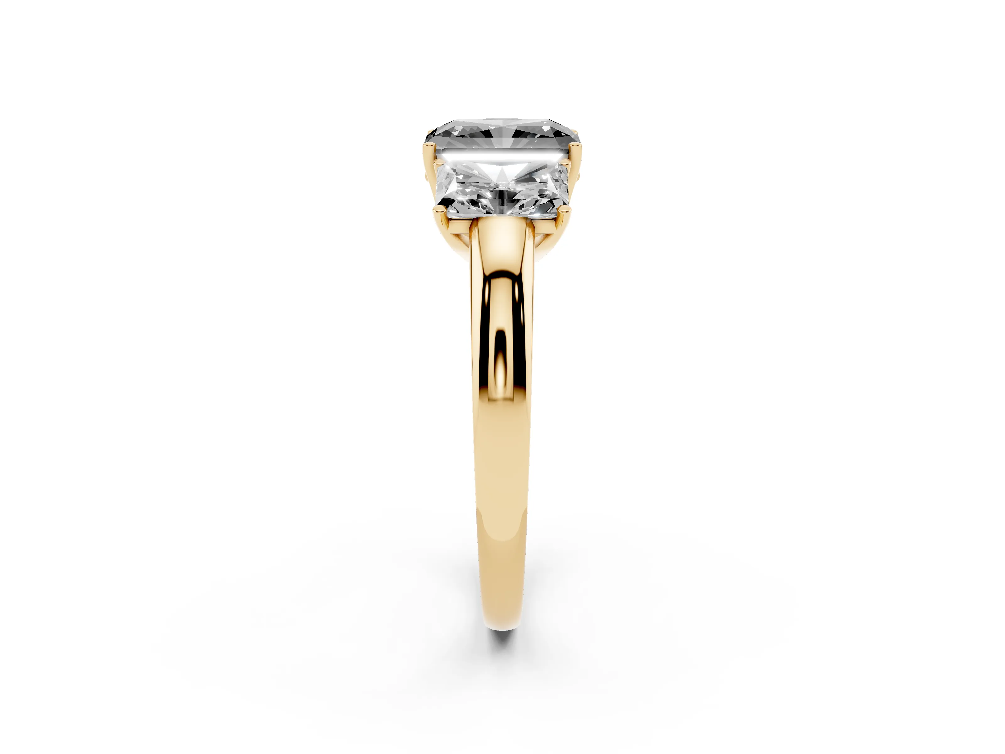 Fancy Black Radiant Cut Diamond Three-Stone Ring Set in Yellow gold with Bold Center and Classic Band