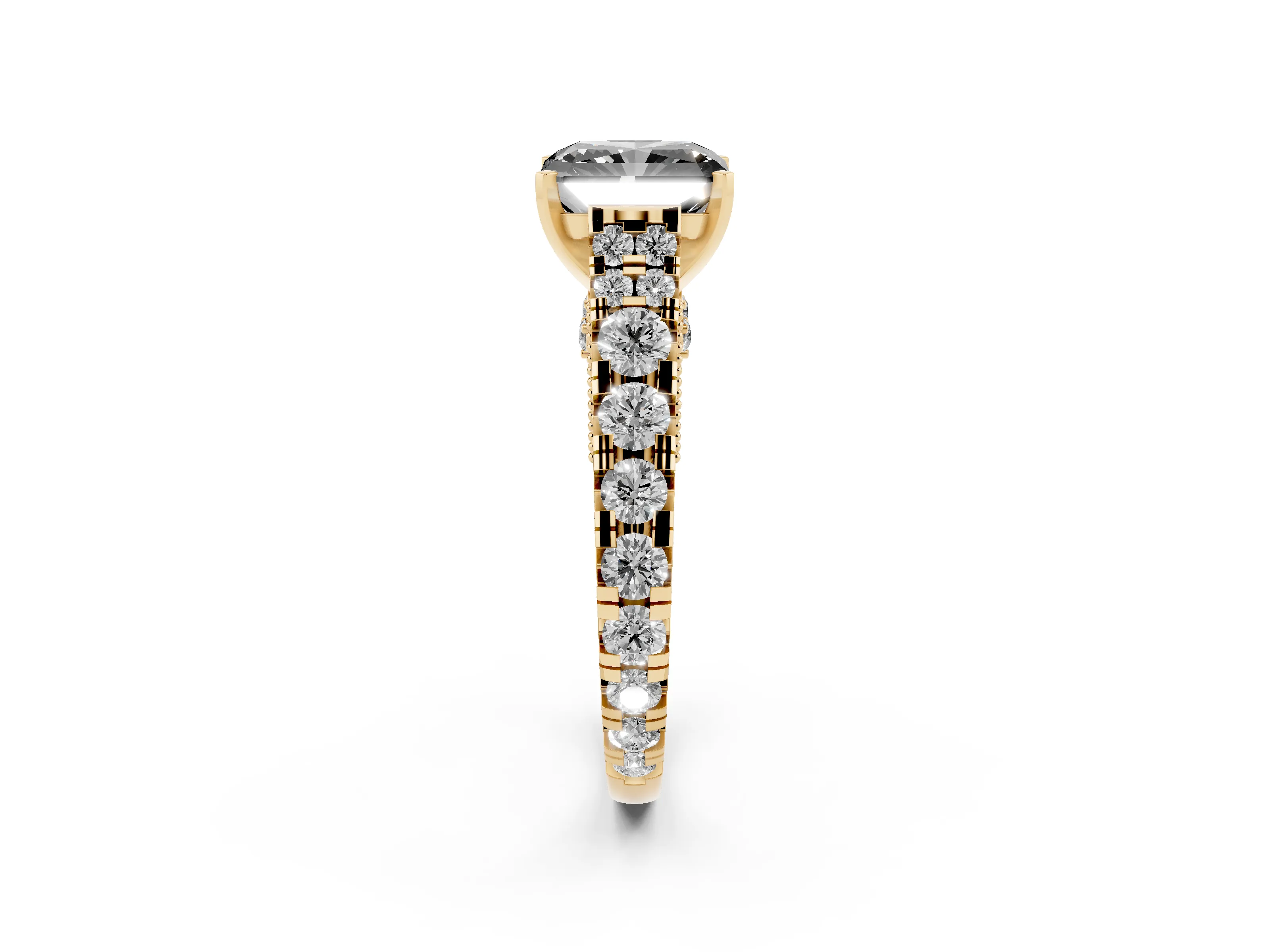 Fancy Black Radiant Cut Diamond Classic Solitaire Ring Set in Yellow gold with Pavé Band and Prong Setting
