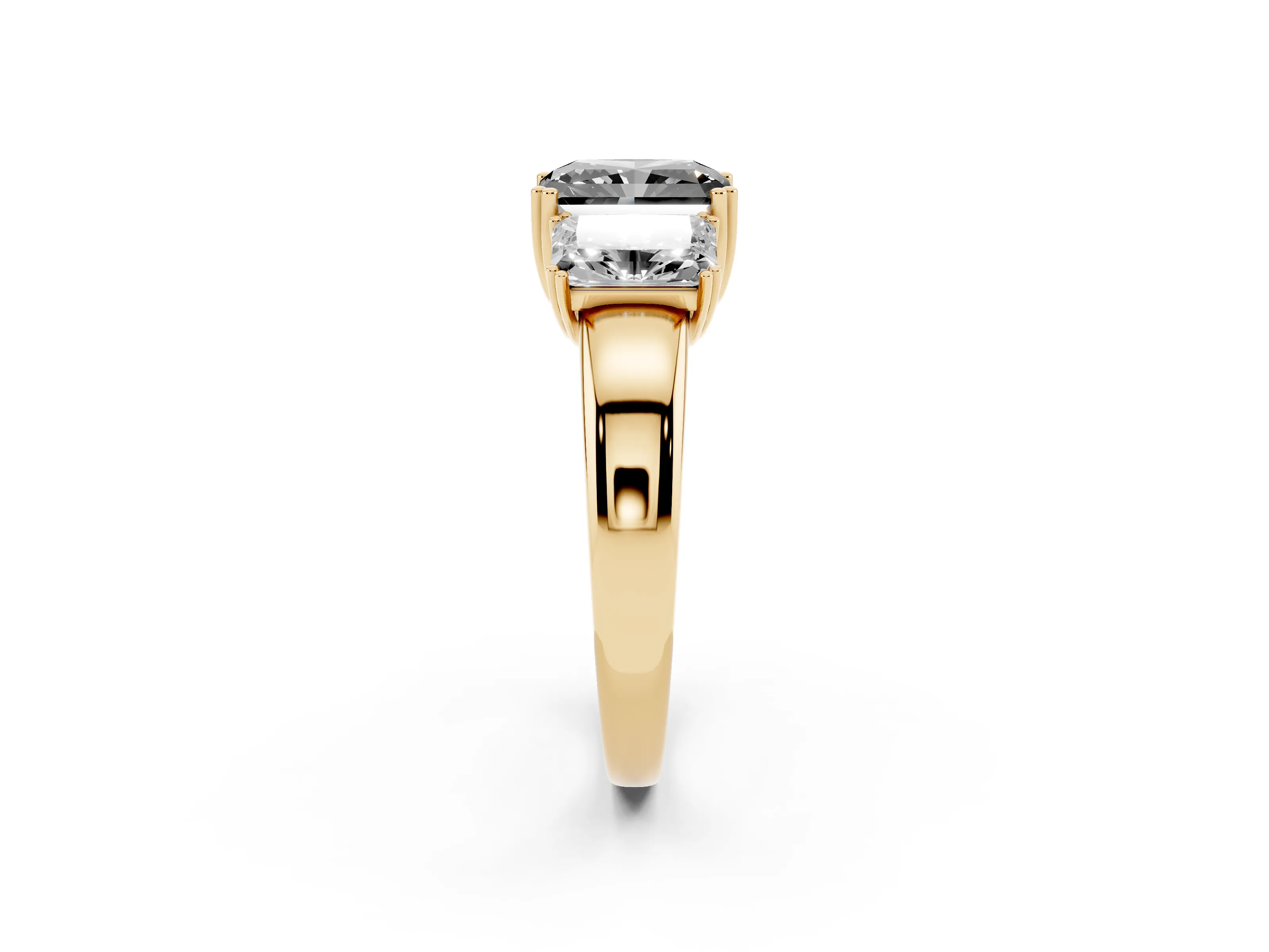 Fancy Black Radiant Cut Diamond Three-Stone Ring Set in Yellow gold with Polished Channel-Set Band
