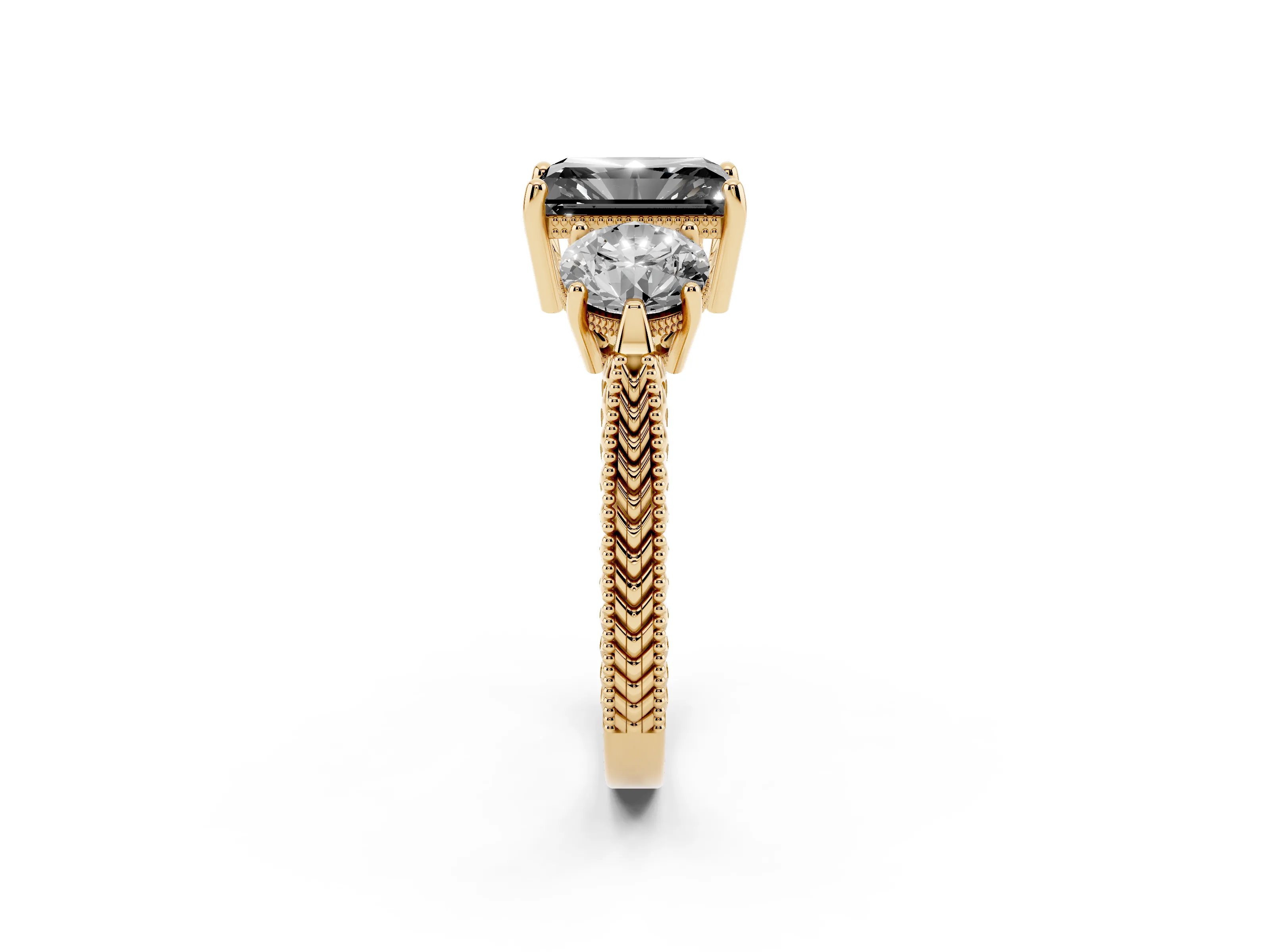 Fancy Black Radiant Cut Diamond Three-Stone Ring Set in Yellow gold with Milgrain Band