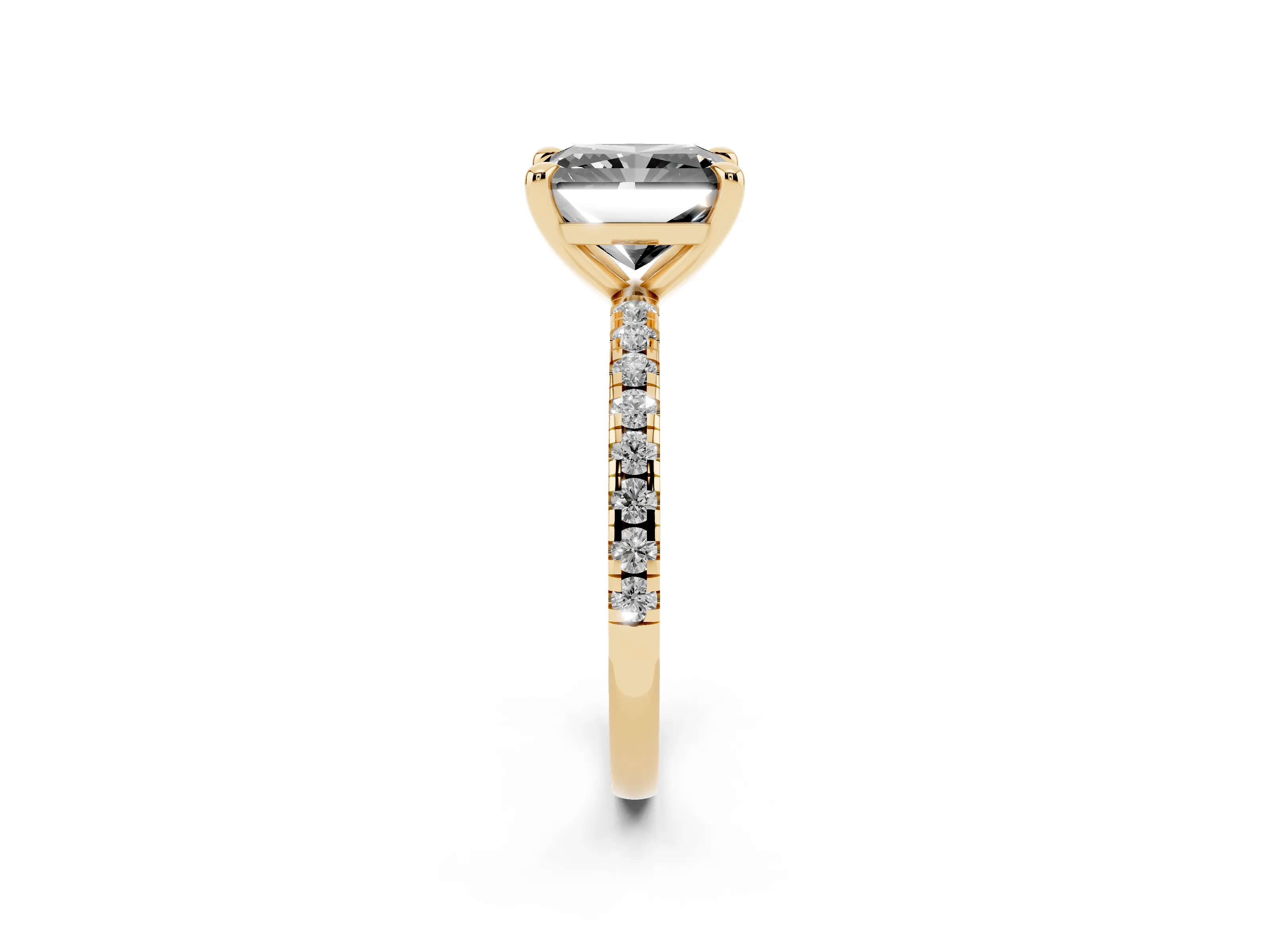 Fancy Black Radiant Cut Diamond Brilliant Solitaire Ring Set in Yellow gold with Pavé Band and Prong Setting