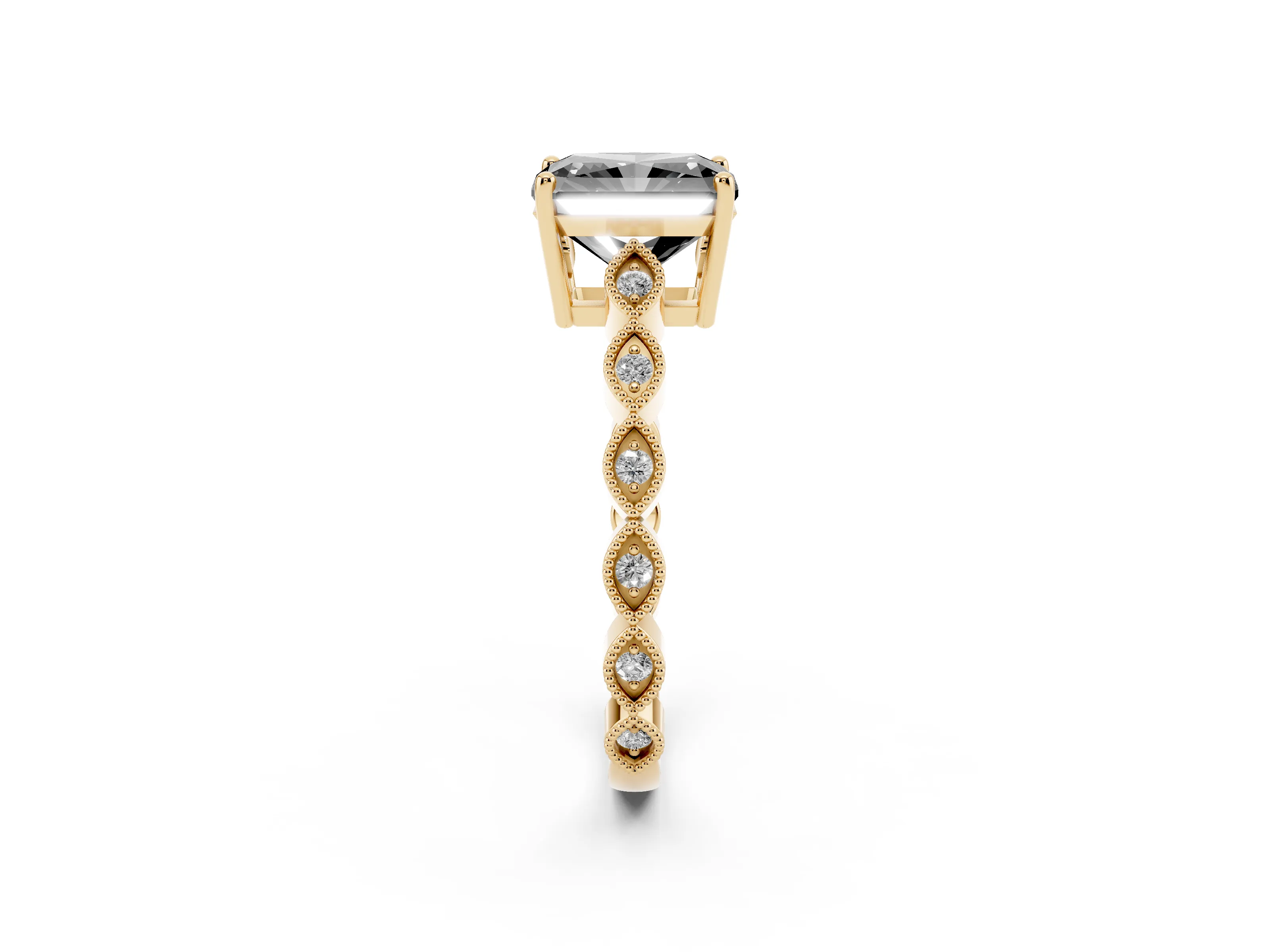 Fancy Black Radiant Cut Diamond Solitaire Ring Set in Yellow gold with Infinity Twist Pavé Band