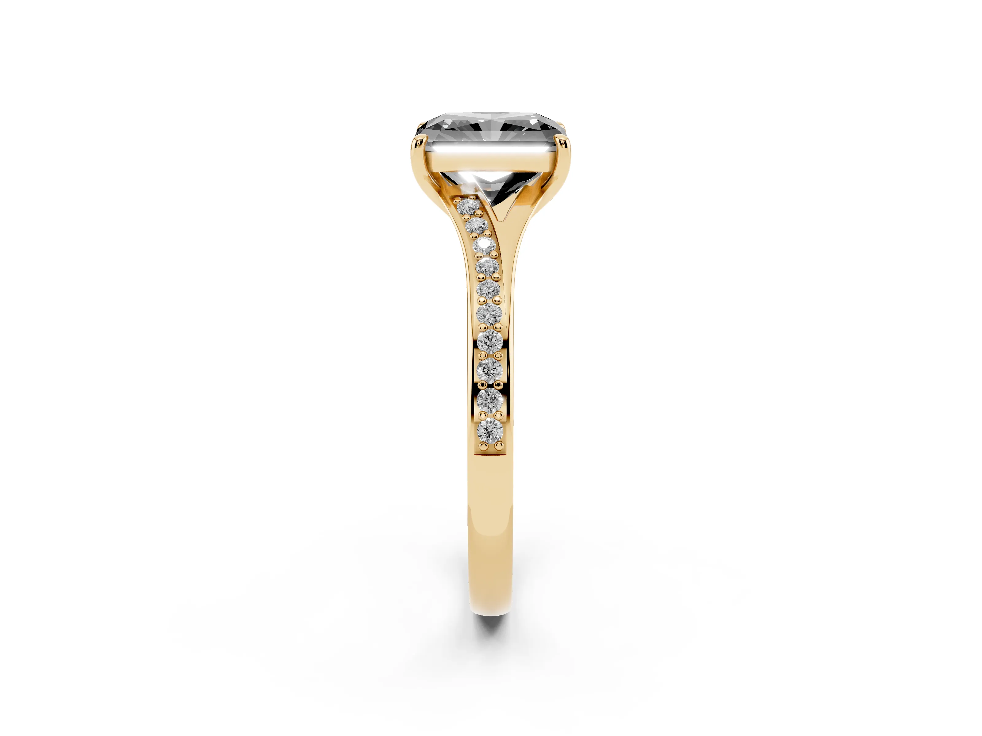 Fancy Black Radiant Cut Diamond Solitaire Ring Set in Yellow gold with Pavé Accent Band and Classic Prong Setting