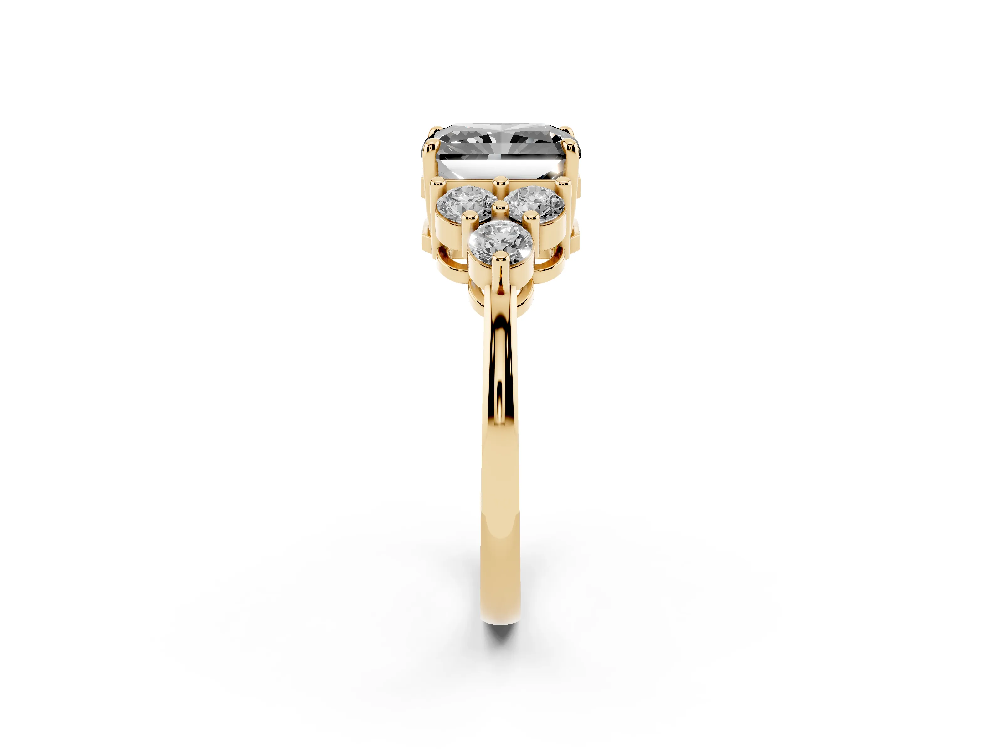 Fancy Black Radiant Cut Diamond Solitaire Ring Set in Yellow gold with Cluster Accents on Each Side
