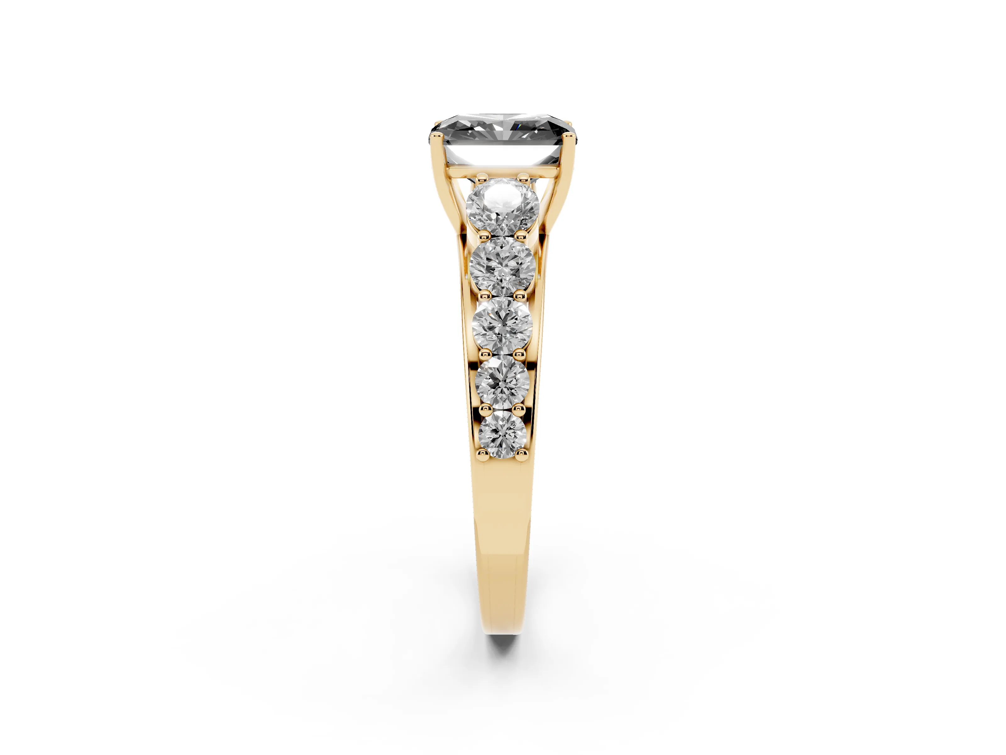 Fancy Black Radiant Cut Diamond Solitaire Ring Set in Yellow gold with Pavé-Set Band and Prong Setting