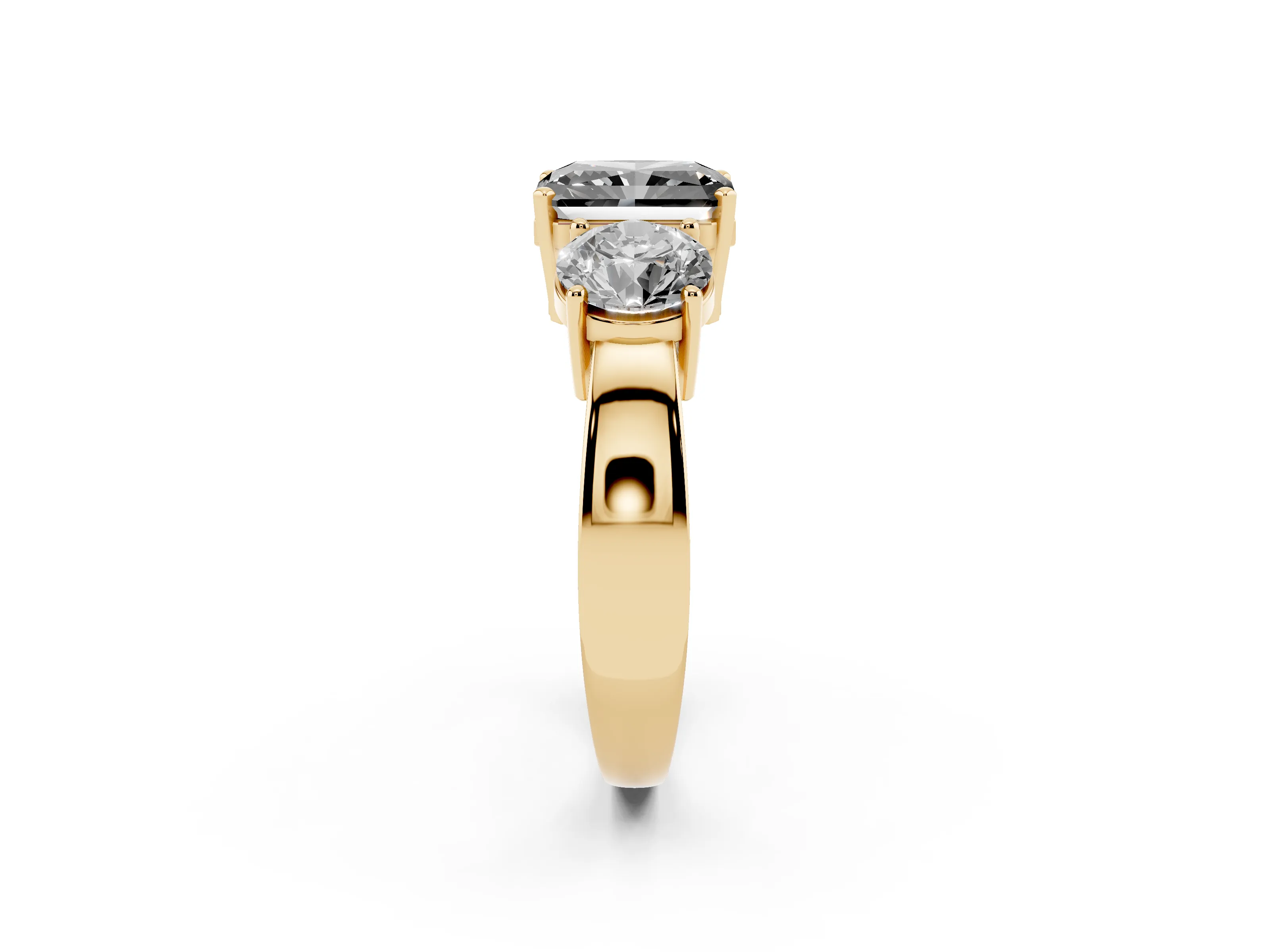 Fancy Black Radiant Cut Diamond Three-Stone Ring Set in Yellow gold with Round Side Stones and Classic Band
