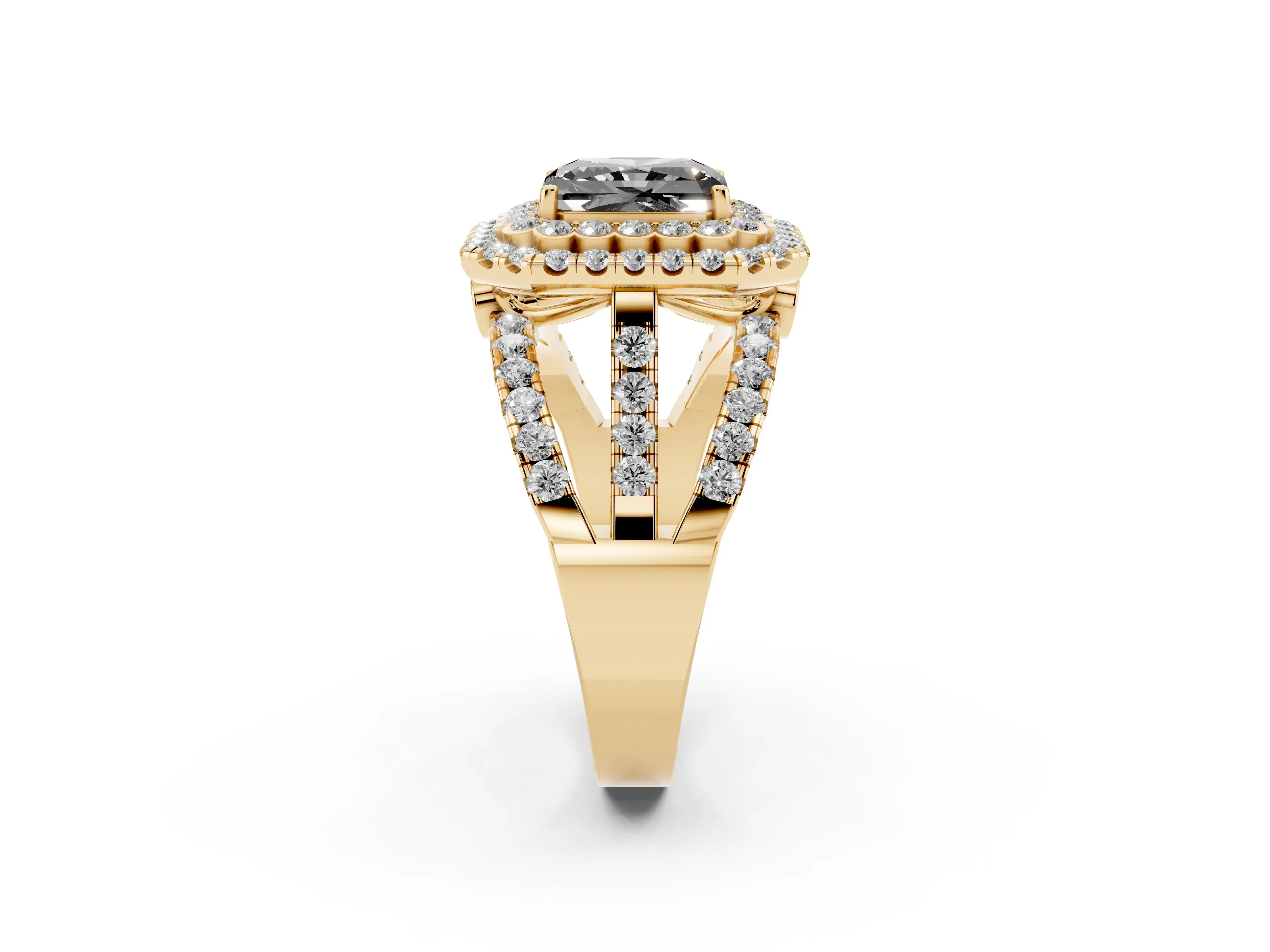 Fancy Black Radiant Cut Diamond Double Halo Ring Set in Yellow gold with Round Pavé Split Shank