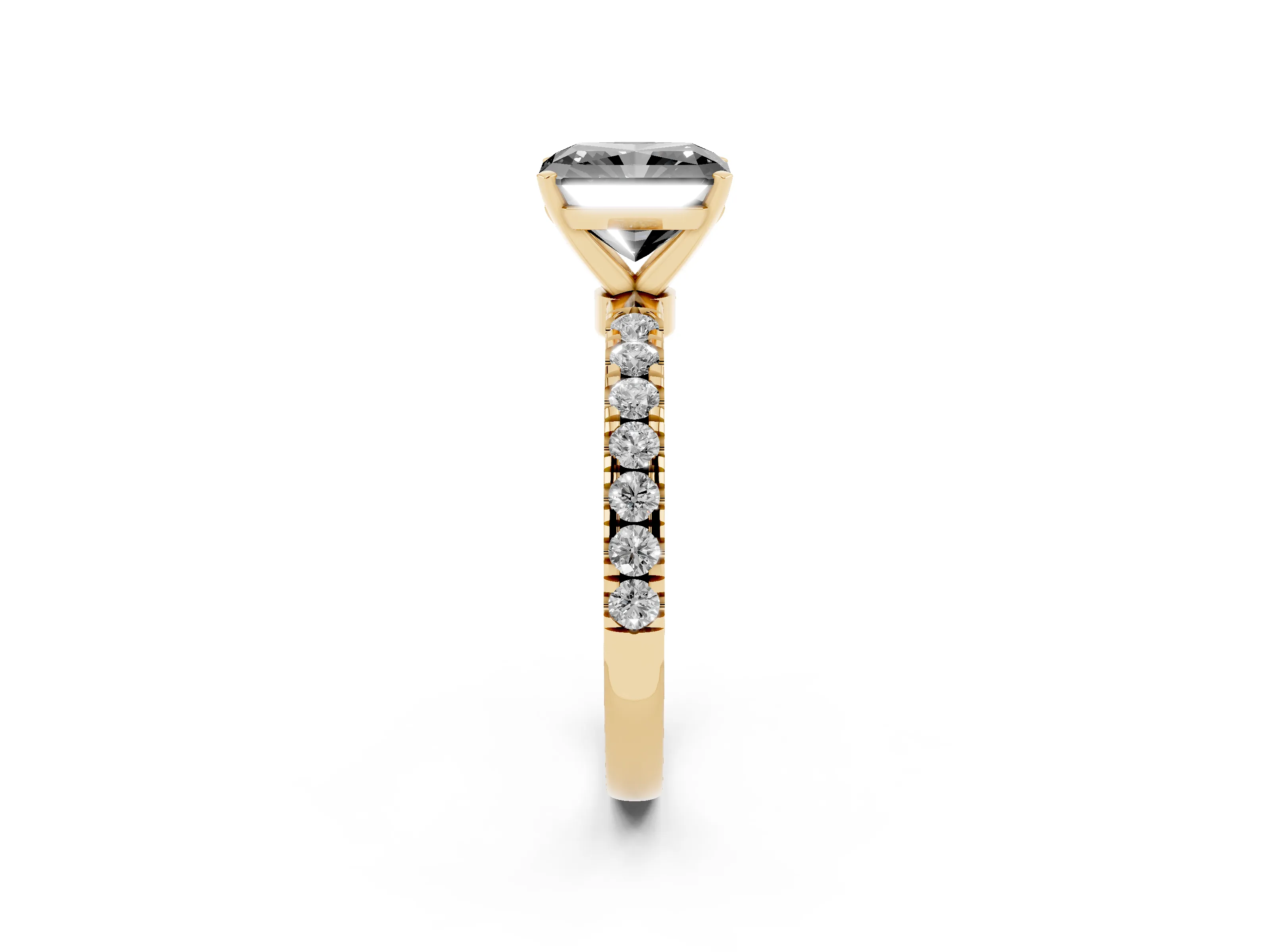 Fancy Black Radiant Cut Diamond Solitaire Ring Set in Yellow gold with Pavé Accents and Prong Setting