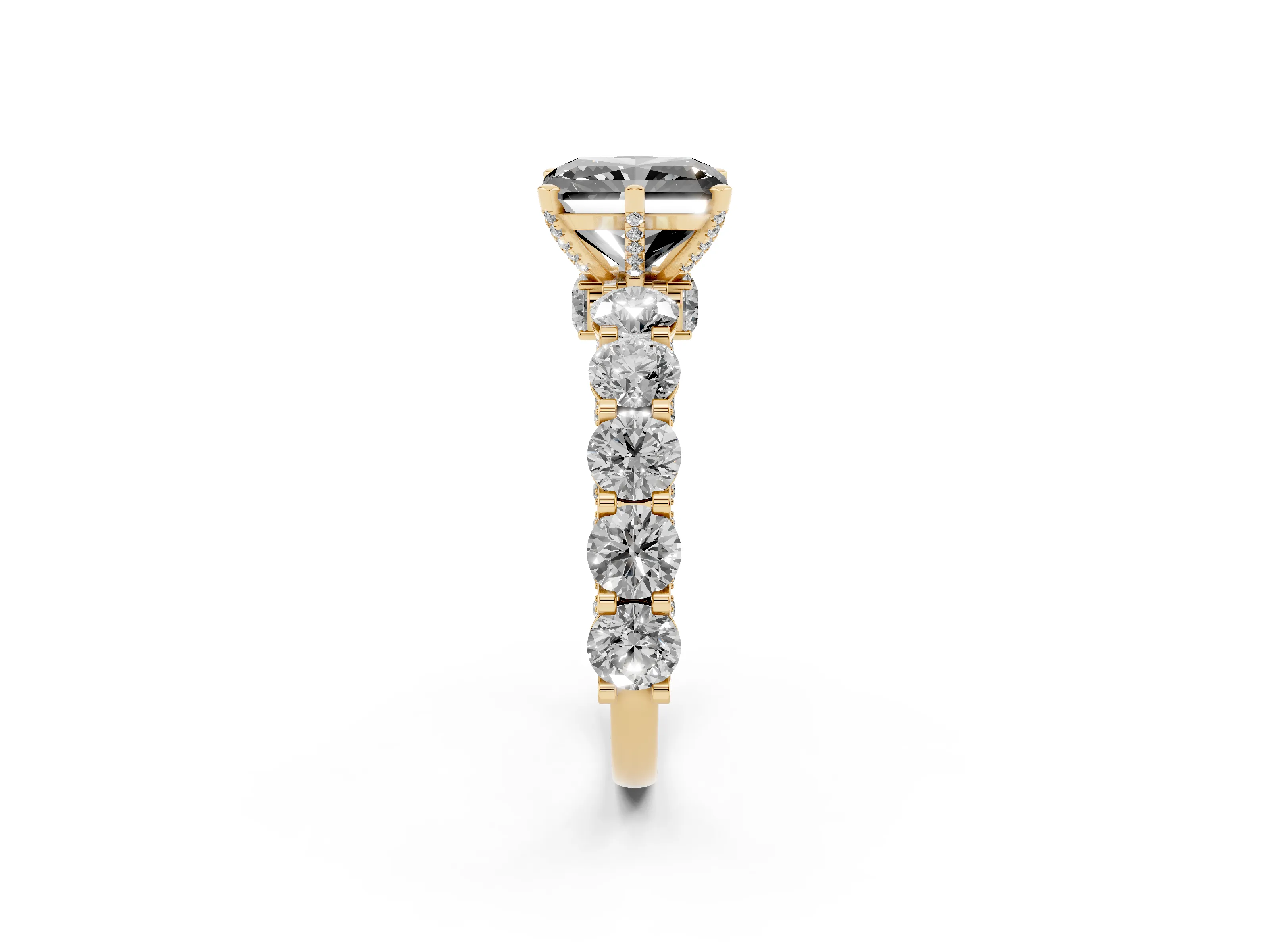 Fancy Black Radiant Cut Diamond Side Stone Ring Set in Yellow gold with Alternating Round and Oval Side Stones