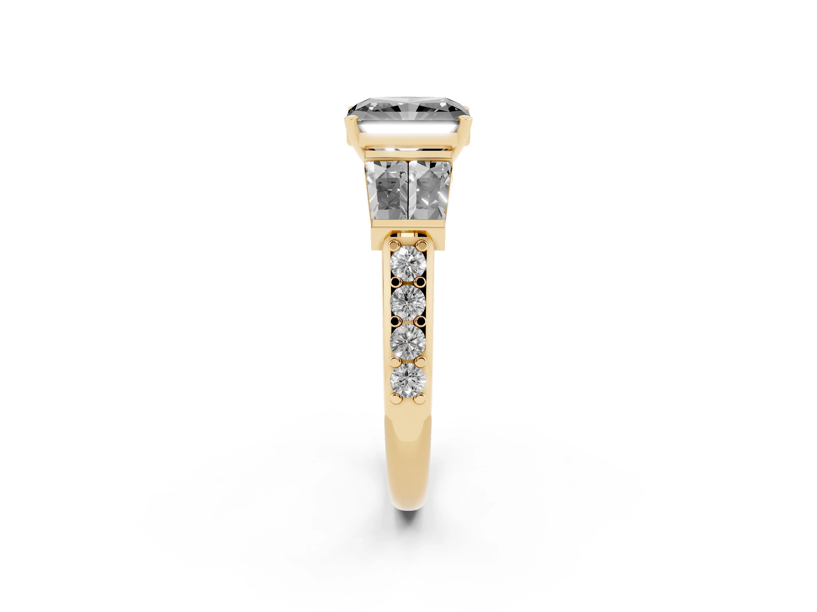 Fancy Black Radiant Cut Diamond Engagement Ring Set in Yellow gold with Baguette Side Stones and Channel Set Band