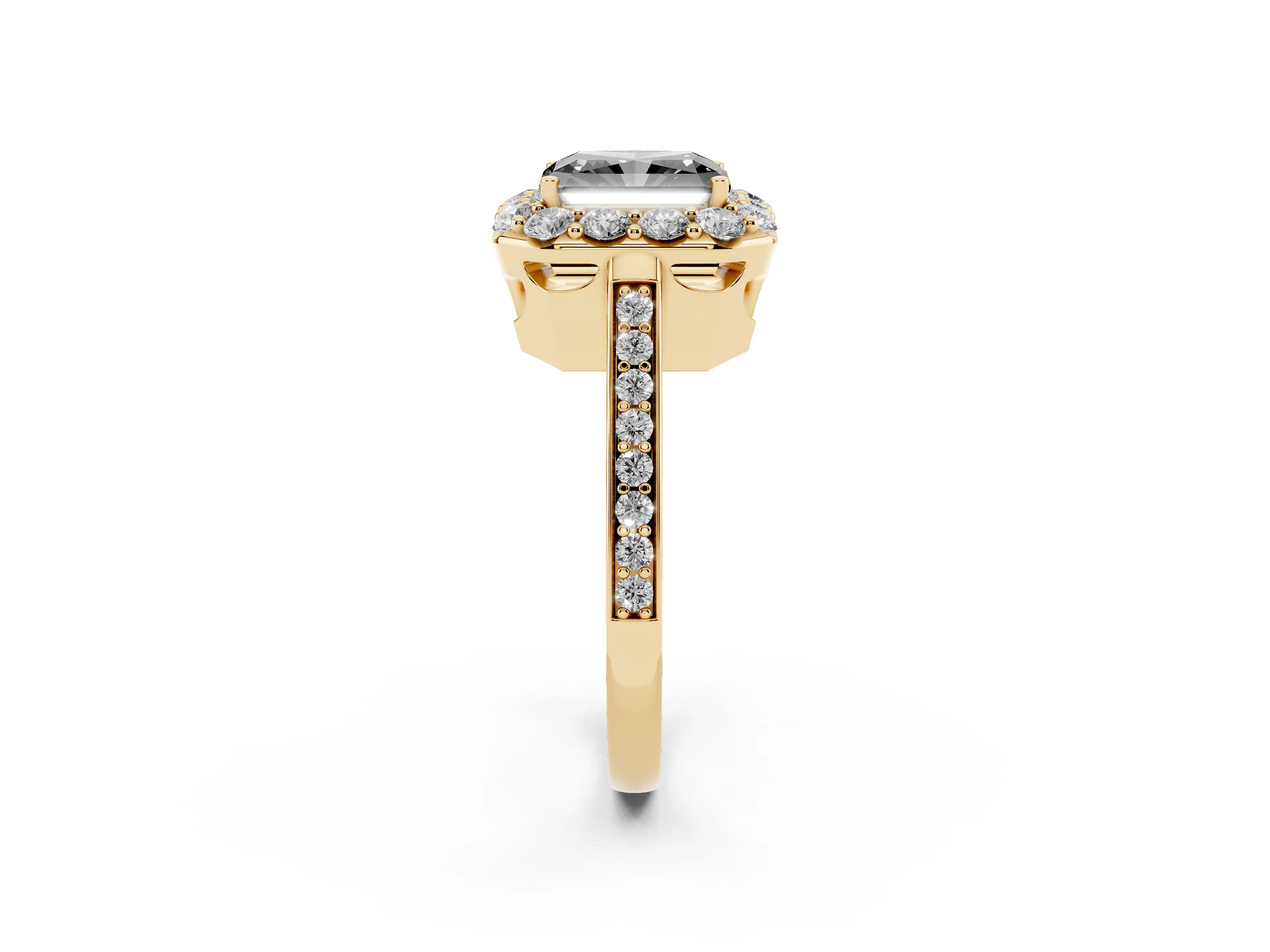 Fancy Black Radiant Cut Diamond Floral Halo Ring Set in Yellow gold with Pavé Band and Prong Setting