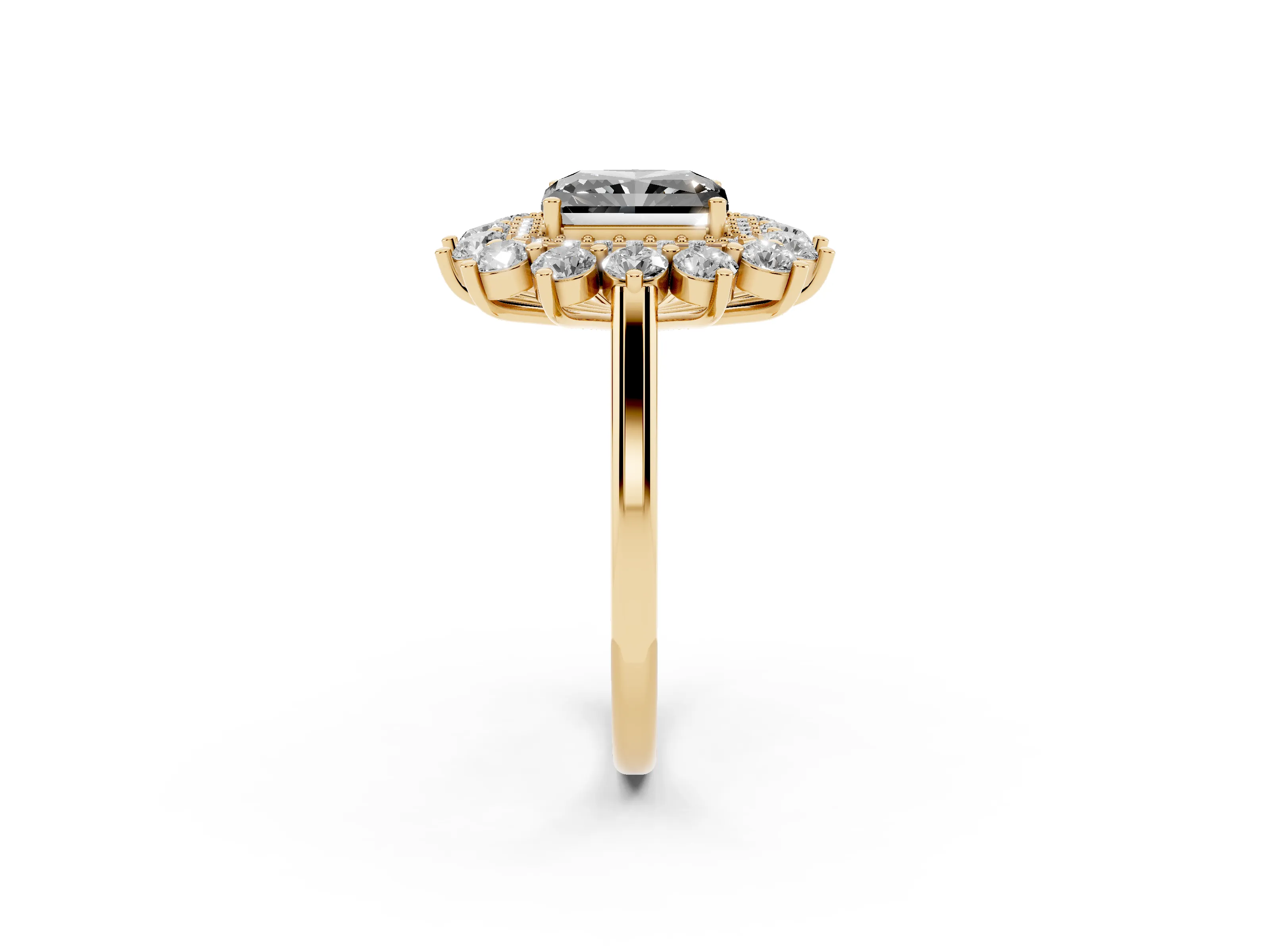 Fancy Black Radiant Cut Diamond Floral Double Halo Ring Set in Yellow gold with Round Petals